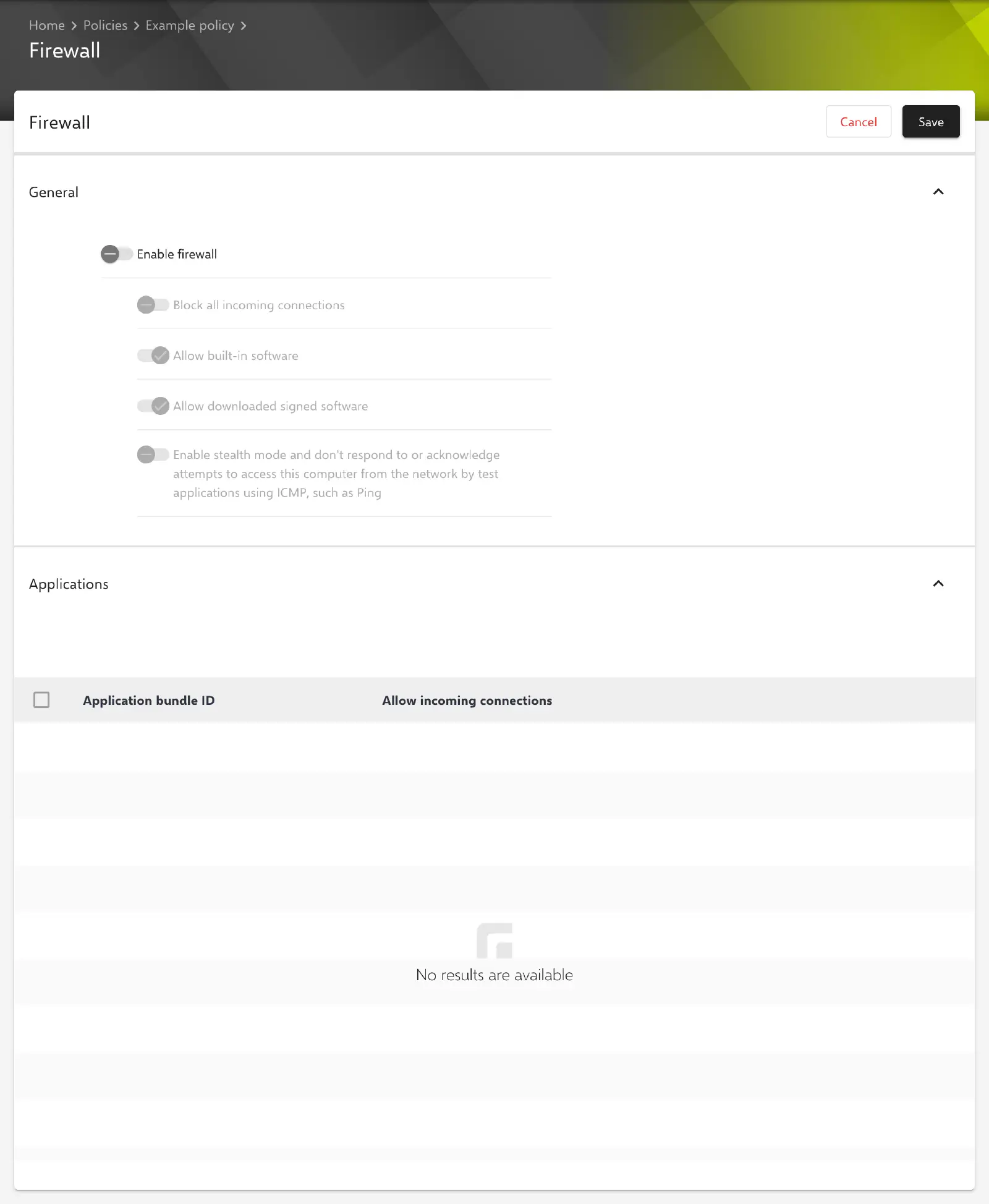 Firewall form in the Relution portal