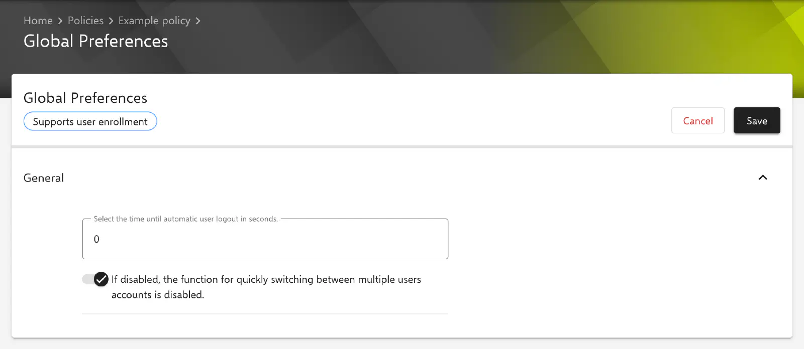 Global Preferences form in the Relution portal