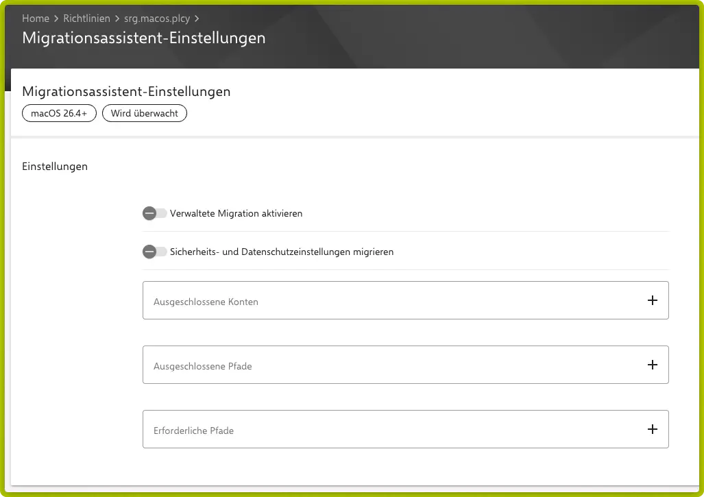 Migrationsassistent-Einstellungen in Relution mit den Optionen Verwaltete Migration aktivieren, Sicherheits- und Datenschutzeinstellungen migrieren sowie den Listenfeldern Ausgeschlossene Konten, Ausgeschlossene Pfade und Erforderliche Pfade