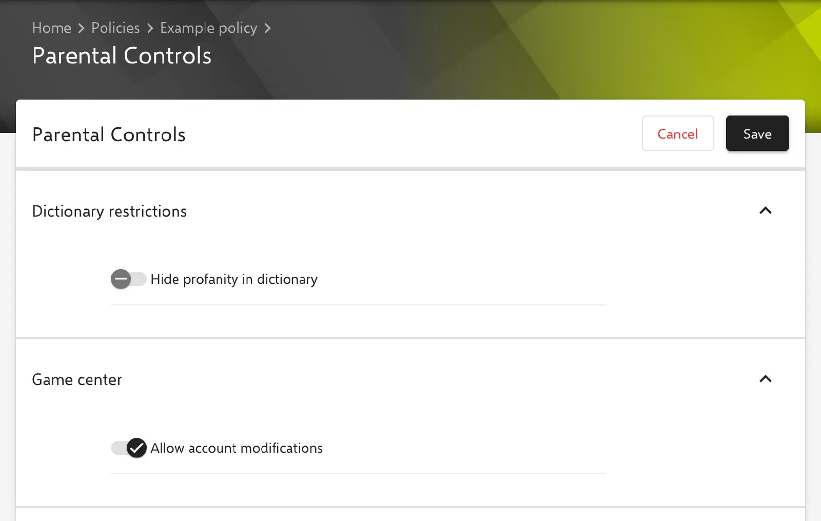 Parental Controls form in the Relution portal
