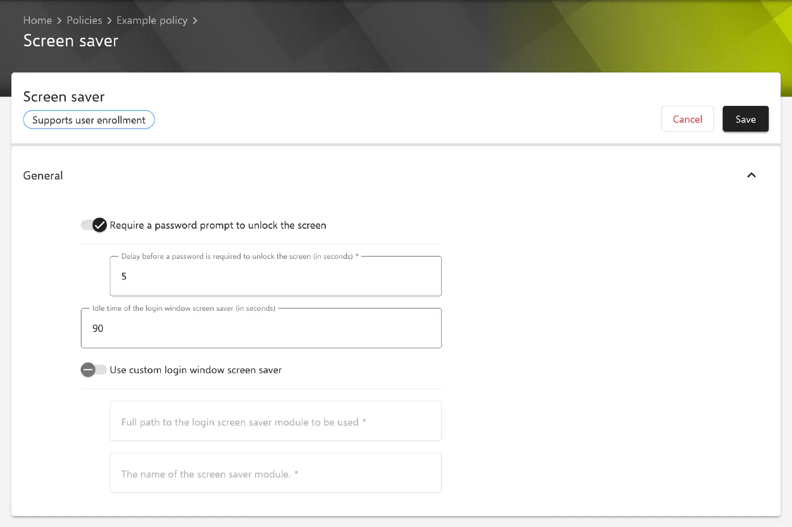 Screen saver form in the Relution portal