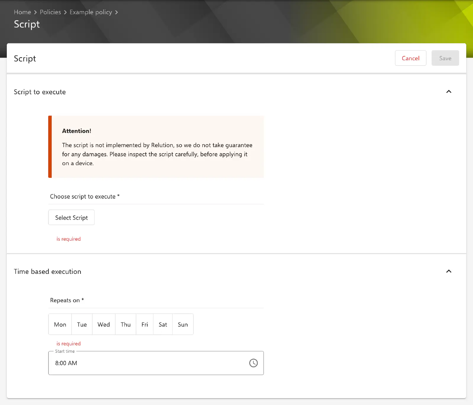 Script form in the Relution portal