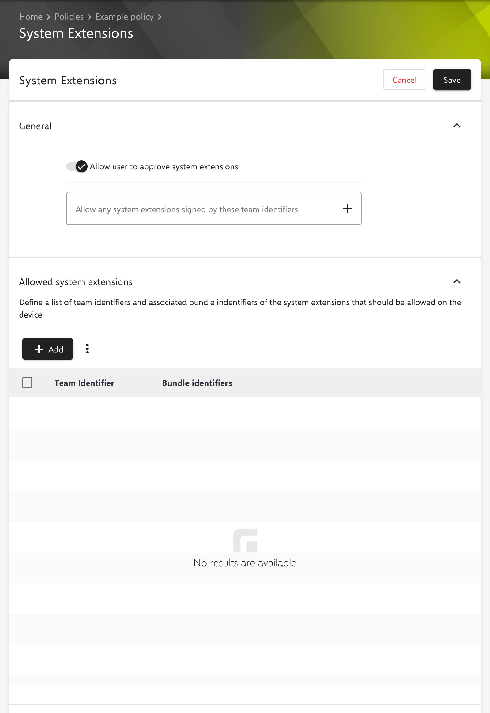 System Extensions form in the Relution portal