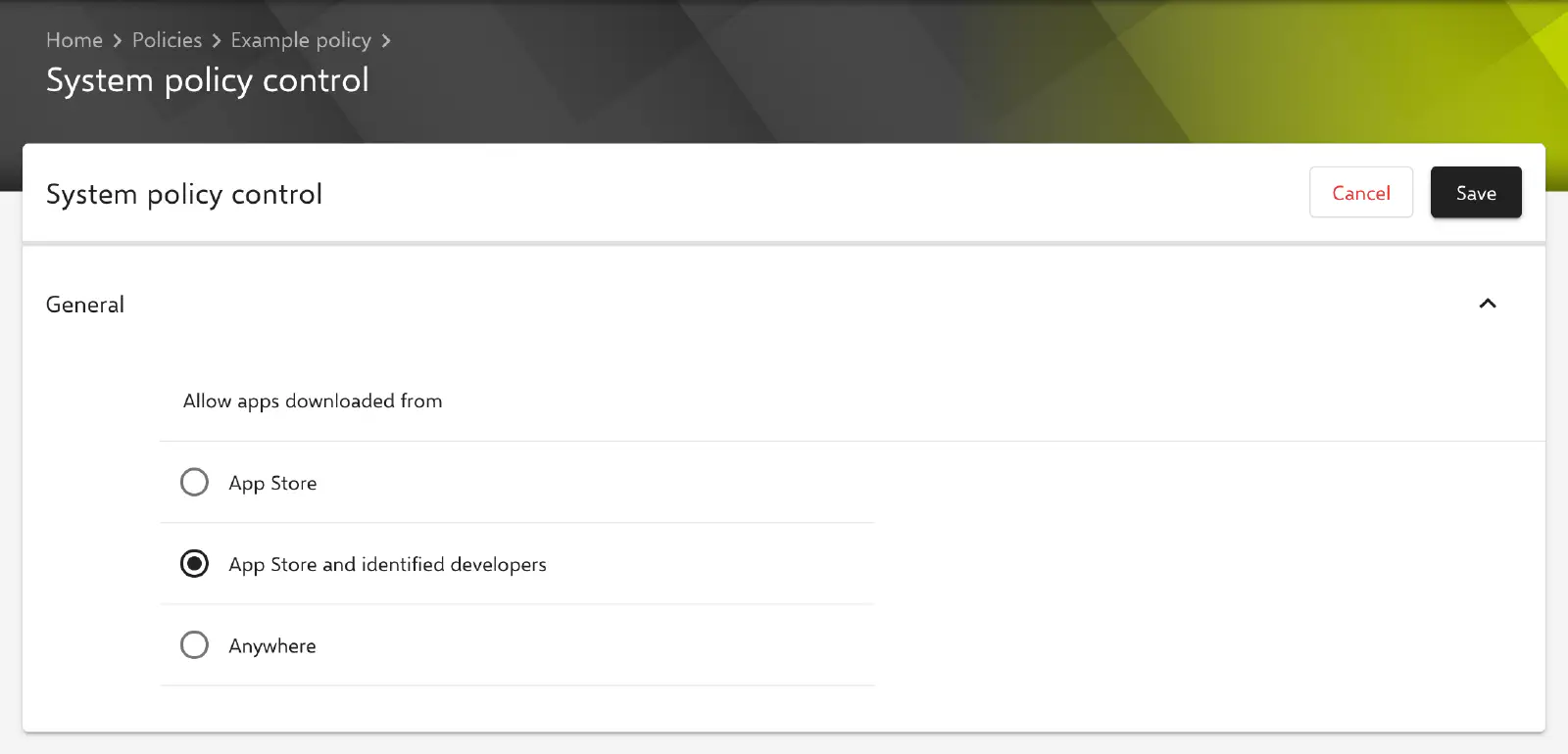 System policy control form in the Relution portal