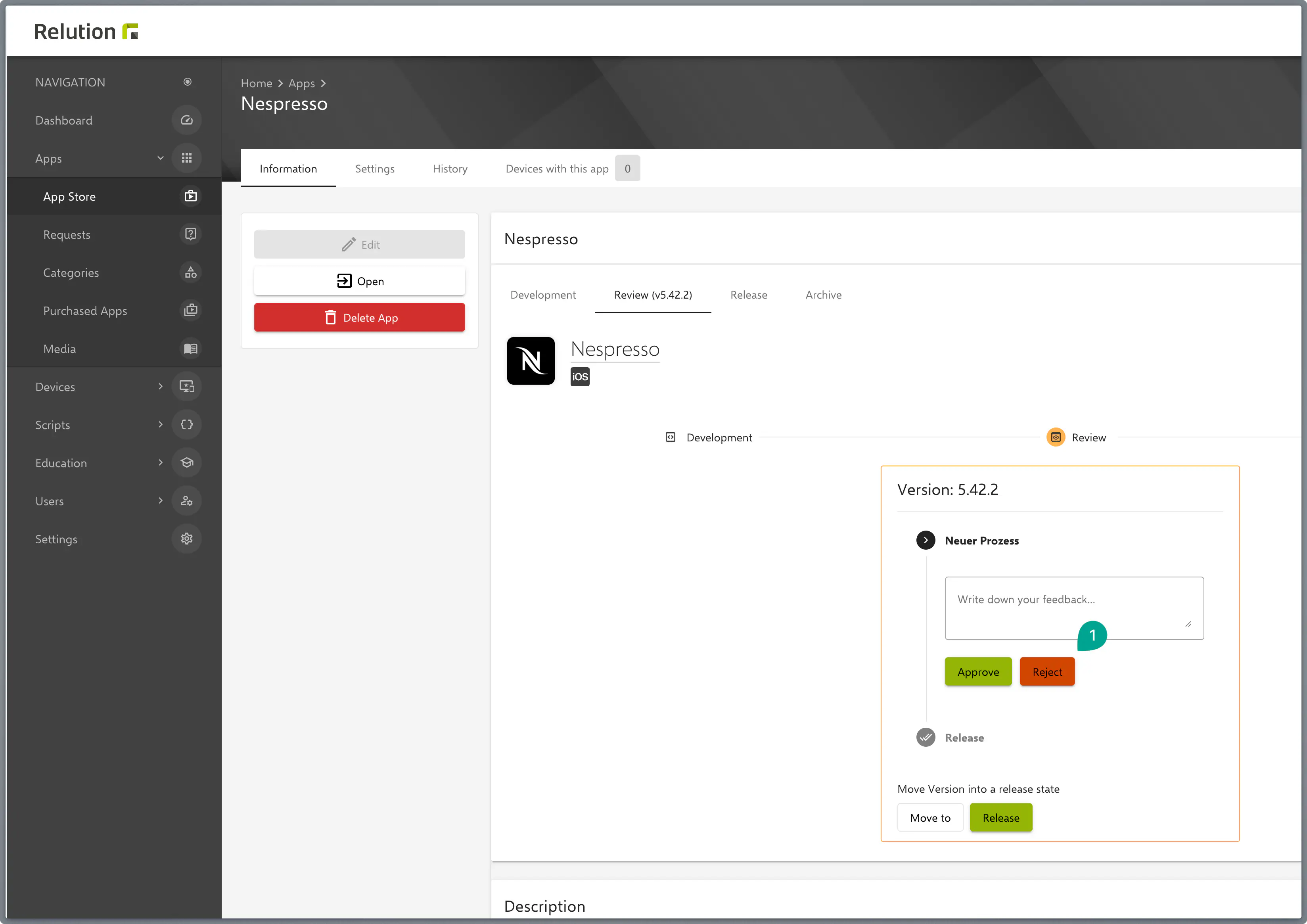 Relution Requested Apps overview showing pending app requests for admin approval