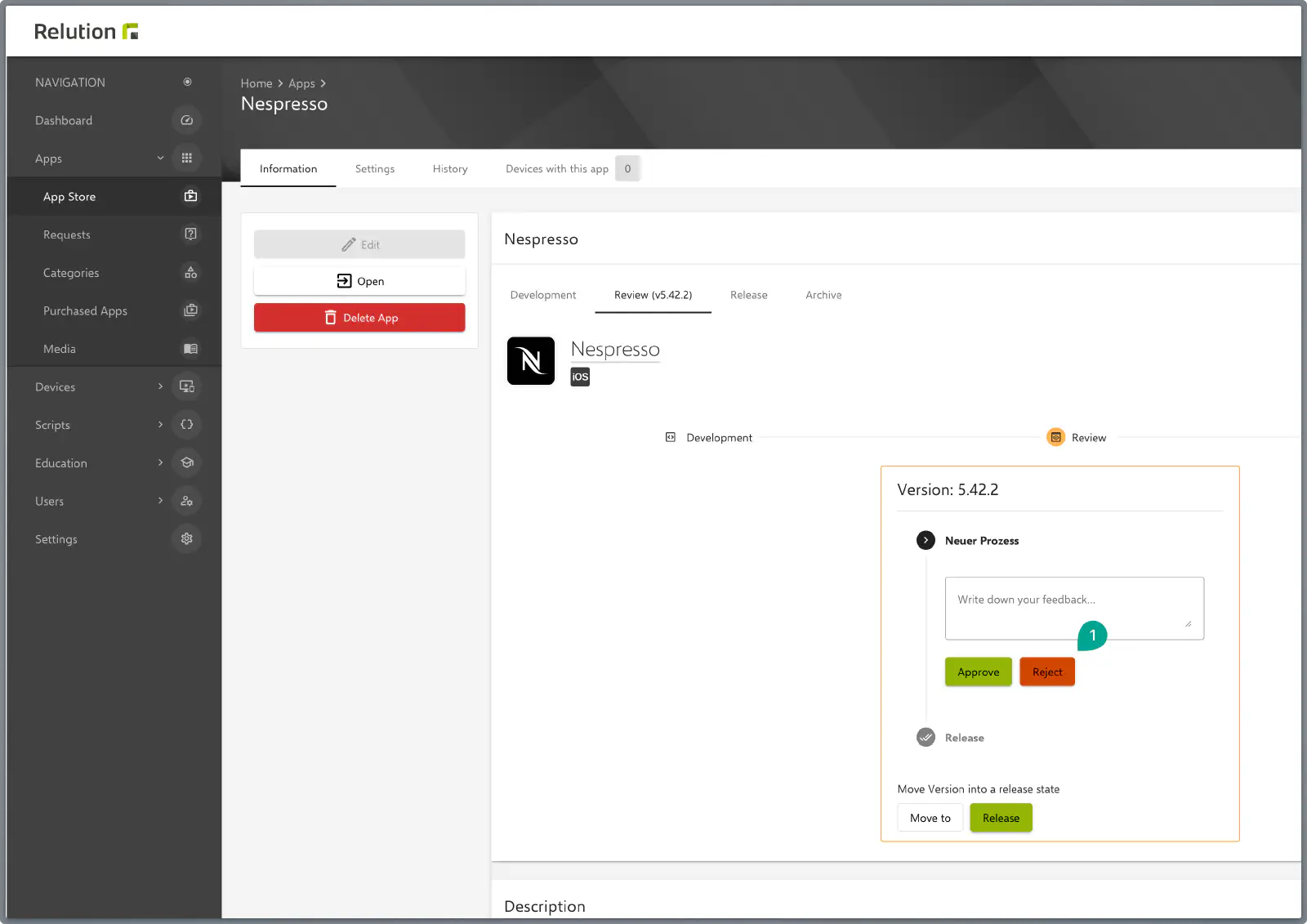 Relution Requested Apps overview showing pending app requests for admin approval