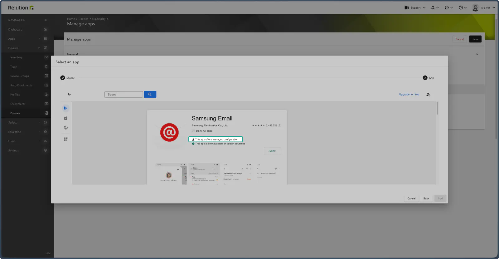Manage apps configuration showing email app selection from Google Play Store