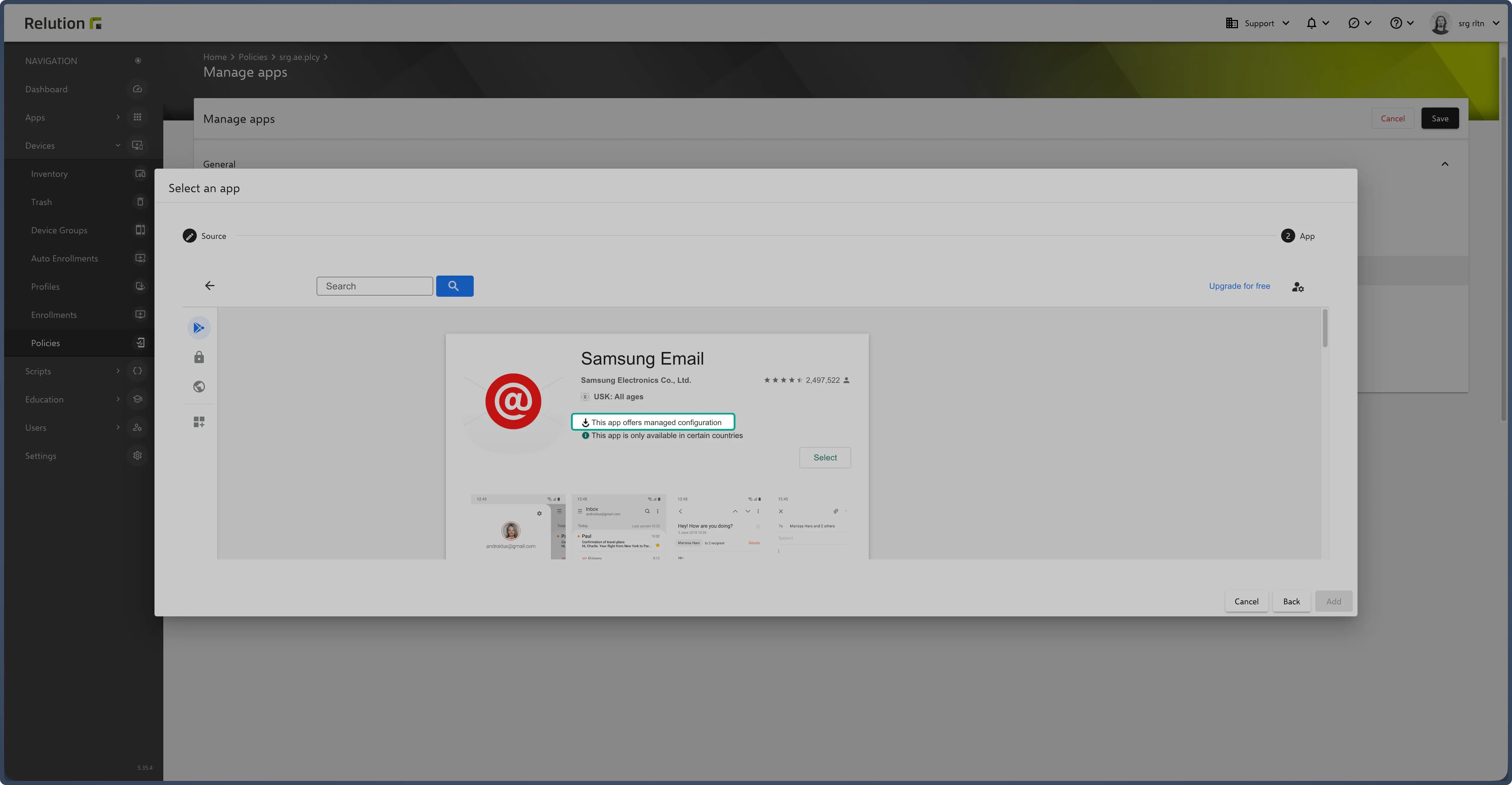 Manage Apps configuration showing email app selection from Google Play Store