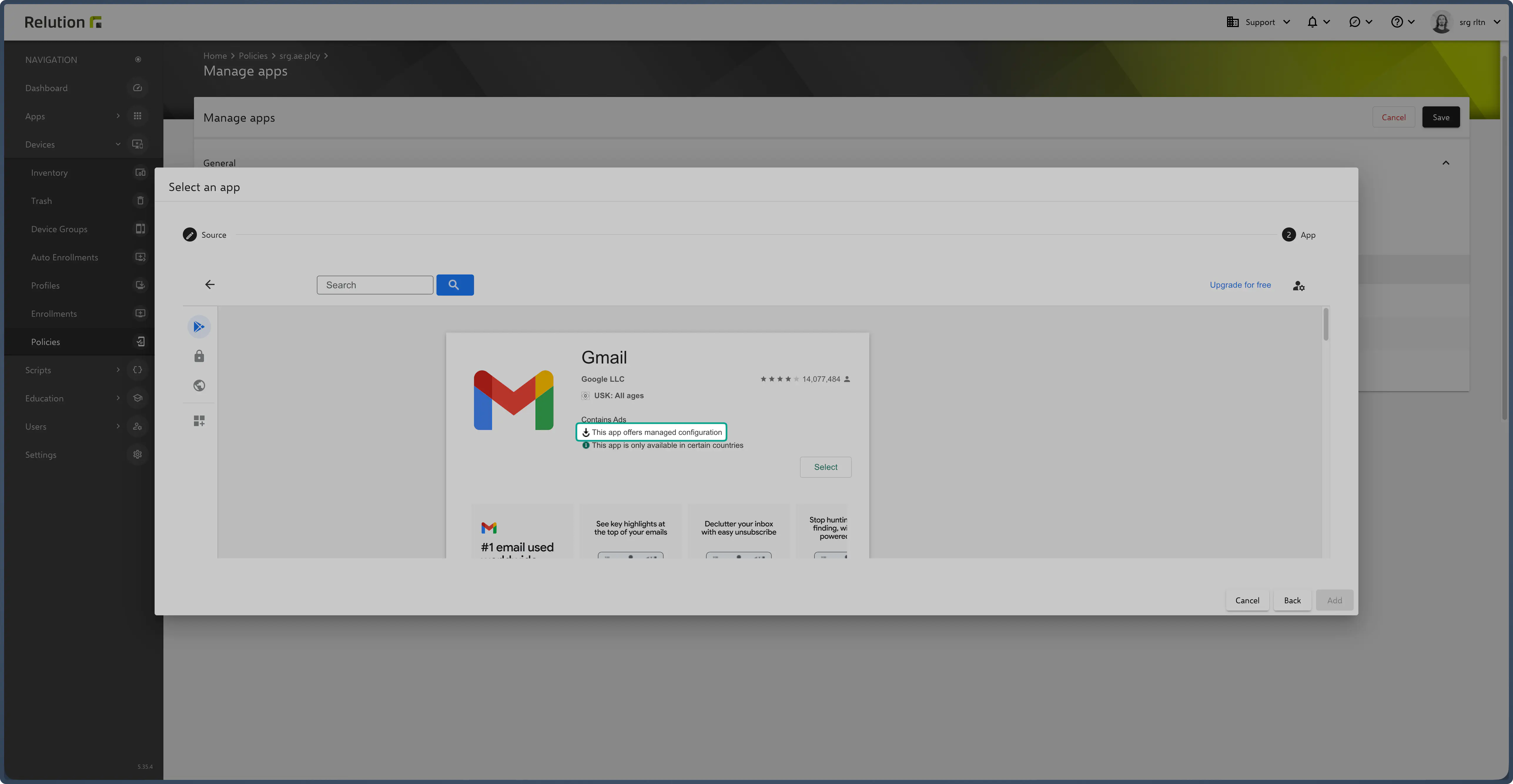 Google Mail and Samsung Mail apps shown with managed configuration indicator in Play Store