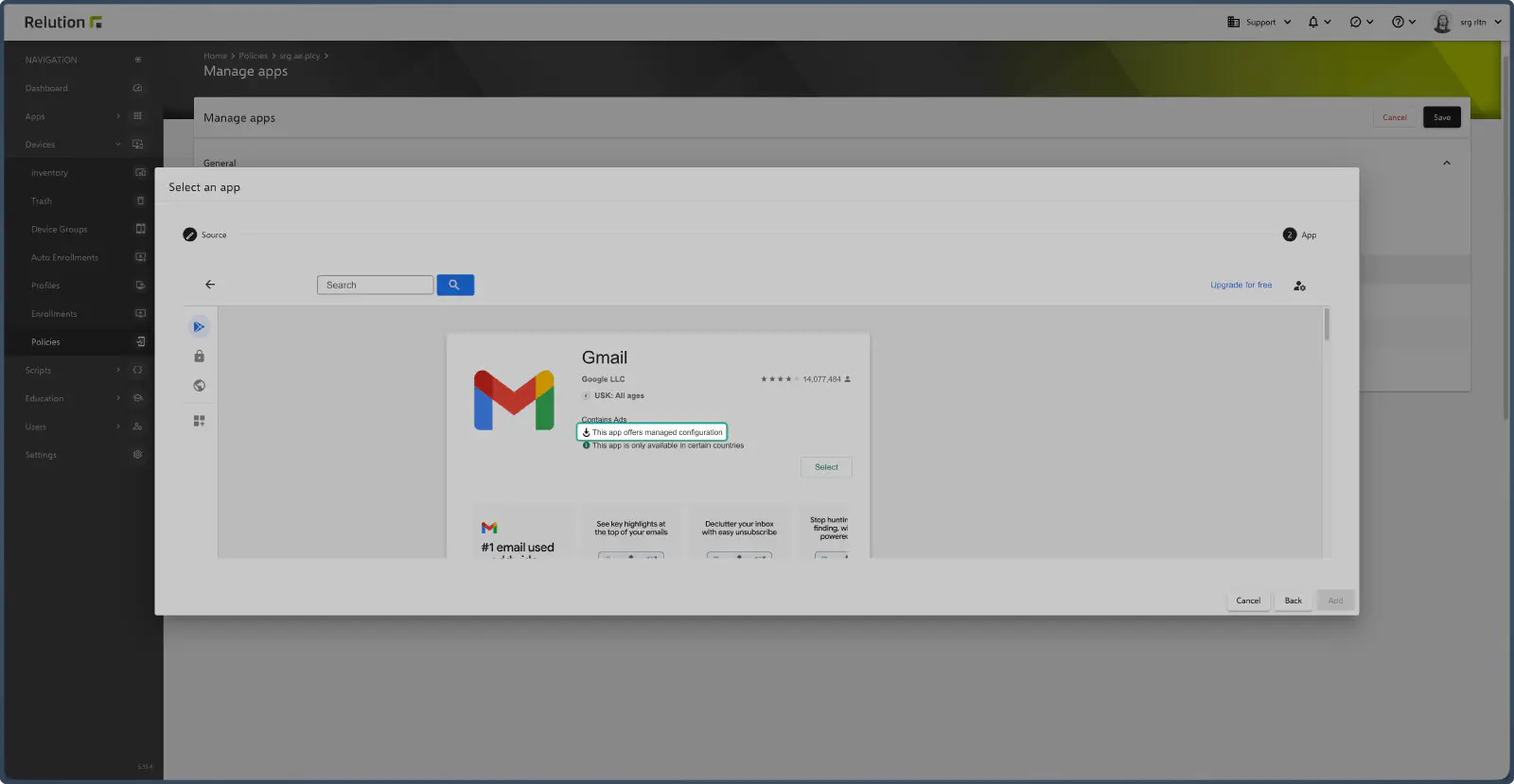 Google Mail and Samsung Mail apps shown with managed configuration indicator in Play Store