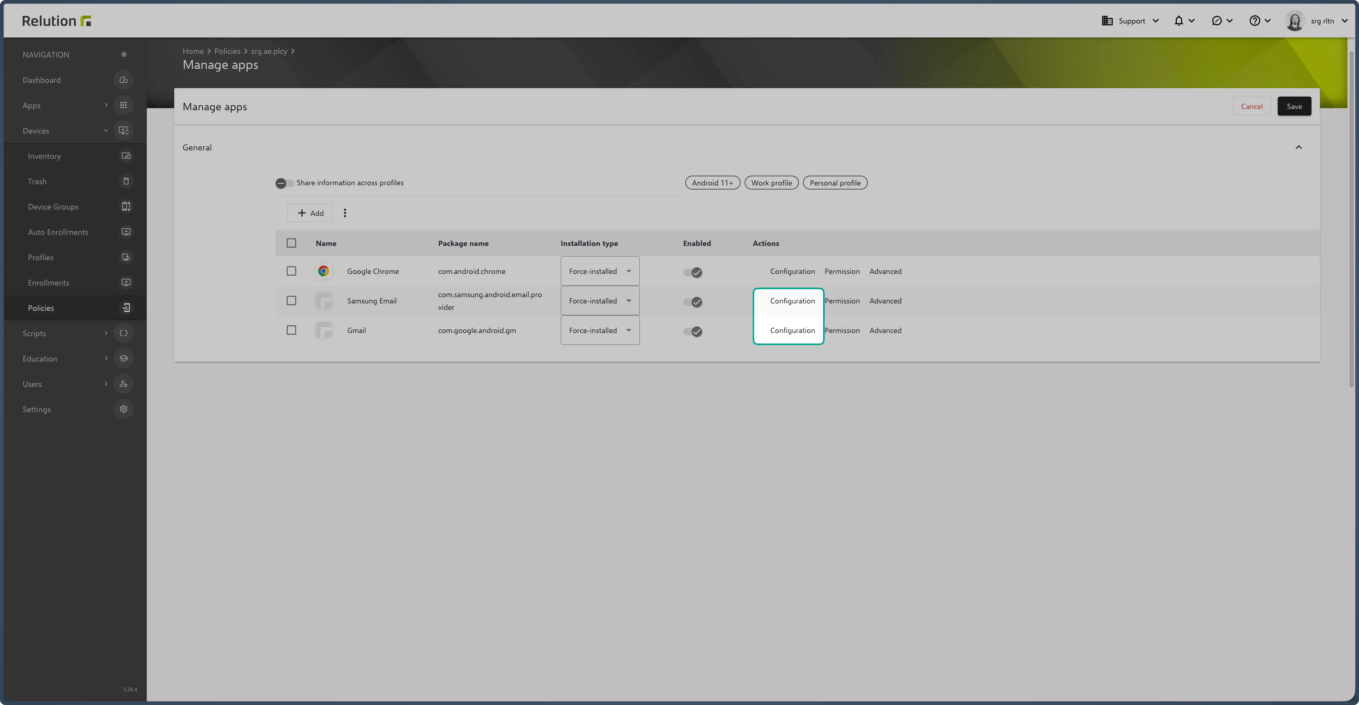 Email app Configuration button in Manage Apps policy for opening managed config settings