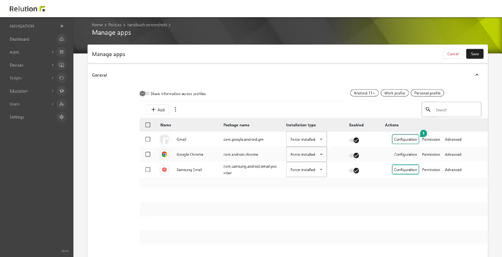 Email app Configuration button in Manage apps policy for opening managed config settings