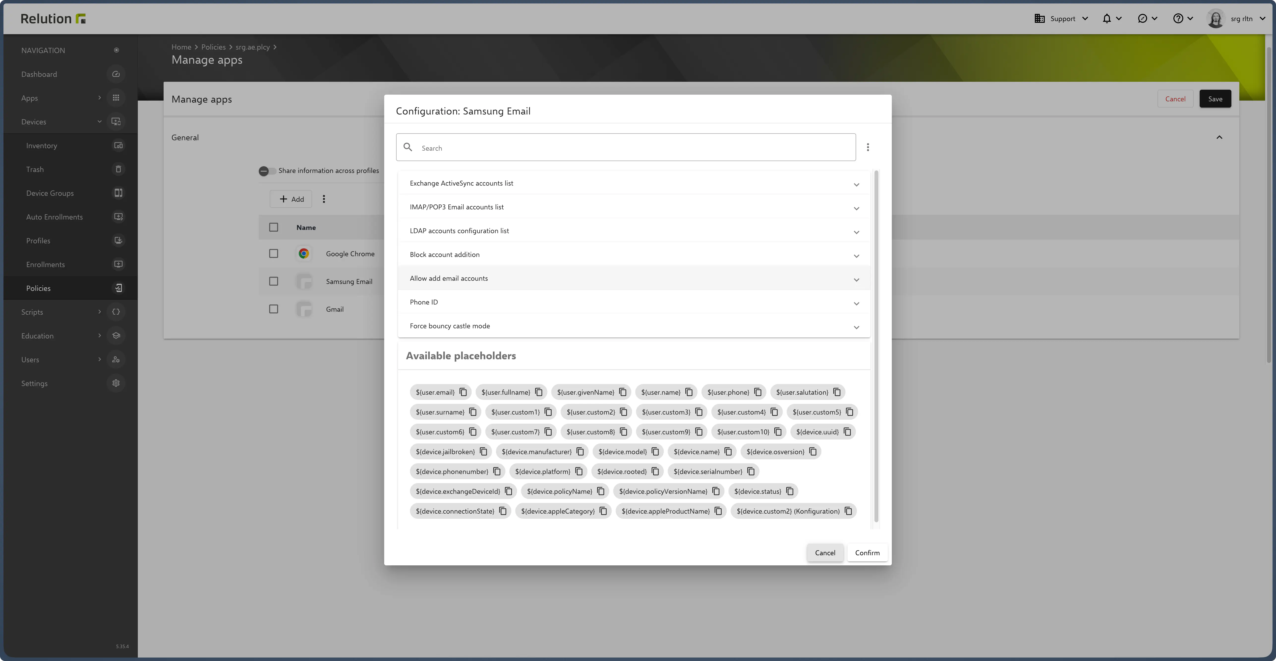 Managed Configuration form showing email server settings with Relution variables