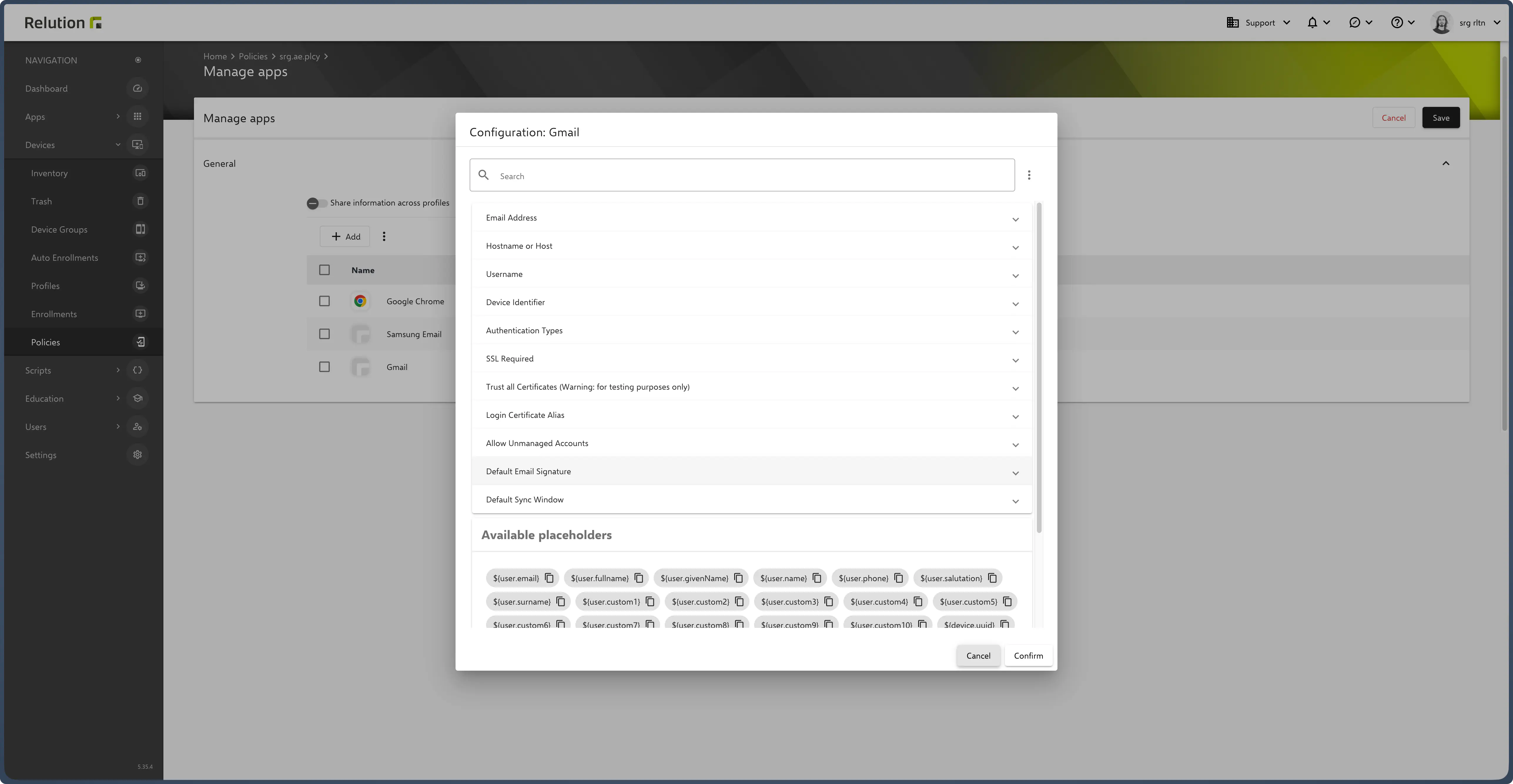 Available Relution variables such as user email placeholder shown in configuration view