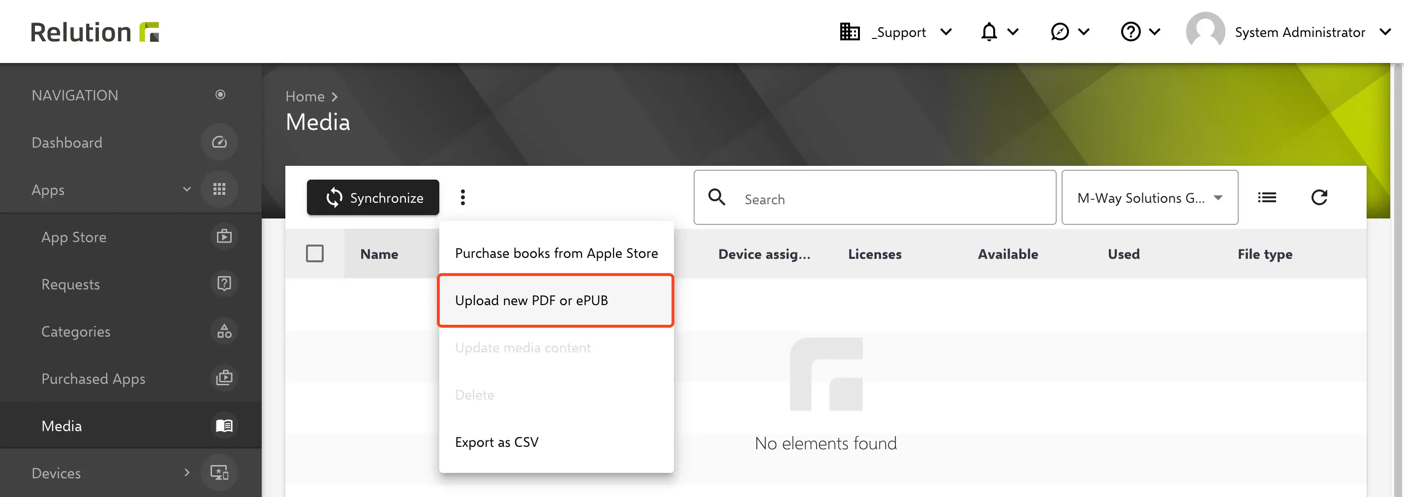 Relution Books overview section with Upload new book option in three-dot menu