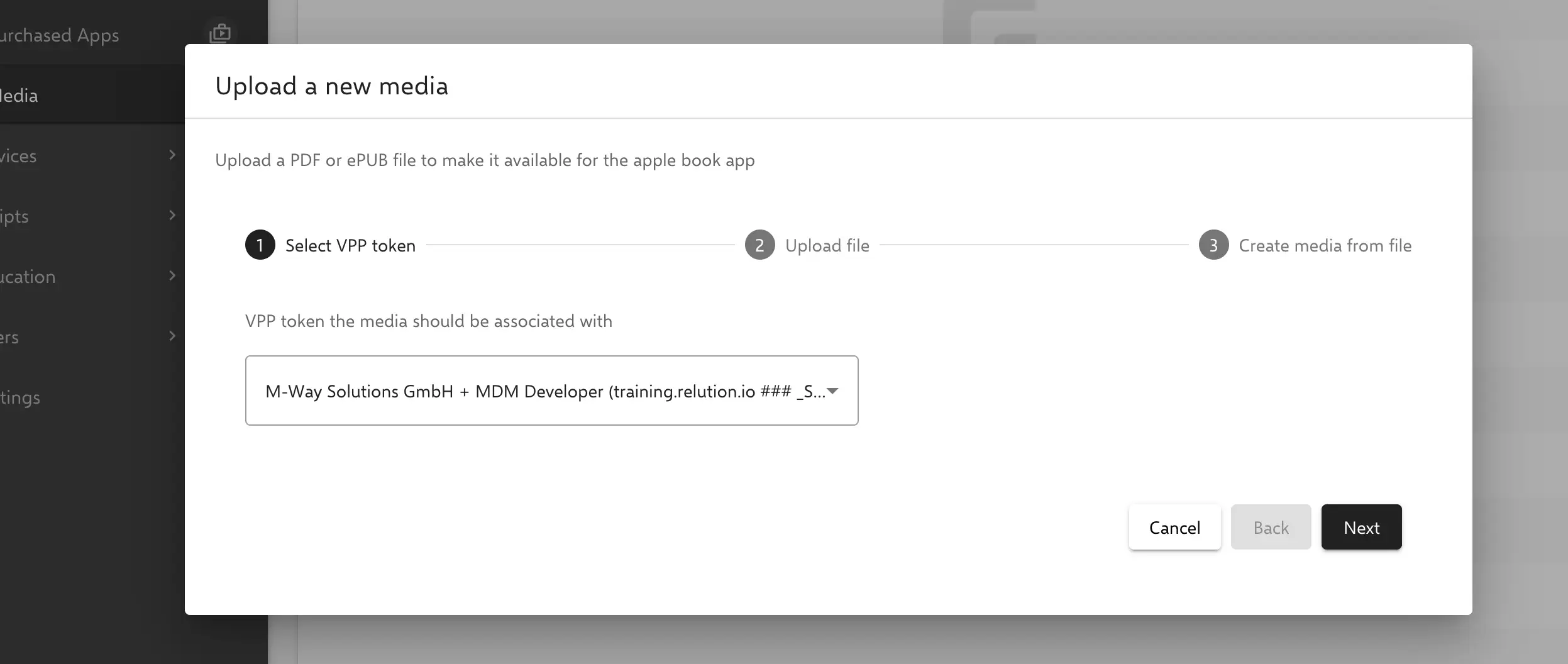 VPP token selection dialog when uploading new book media to Relution