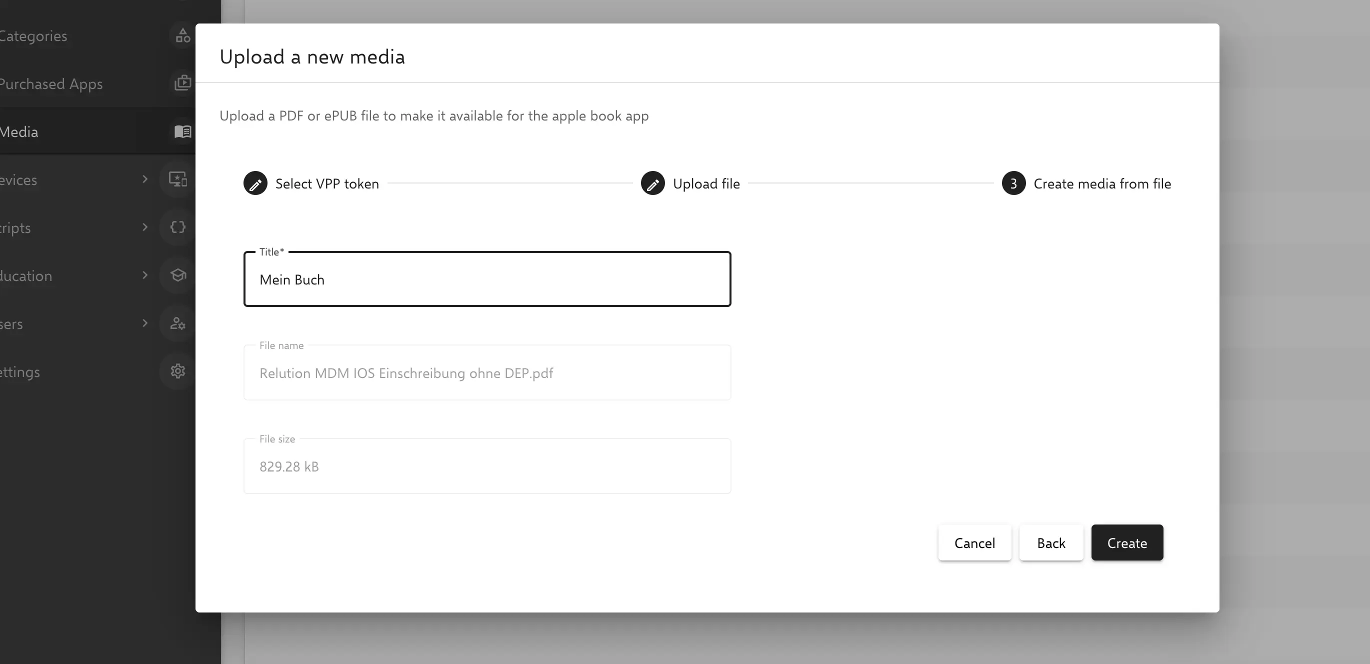 PDF or EPUB file upload and book title entry as final step in media upload process