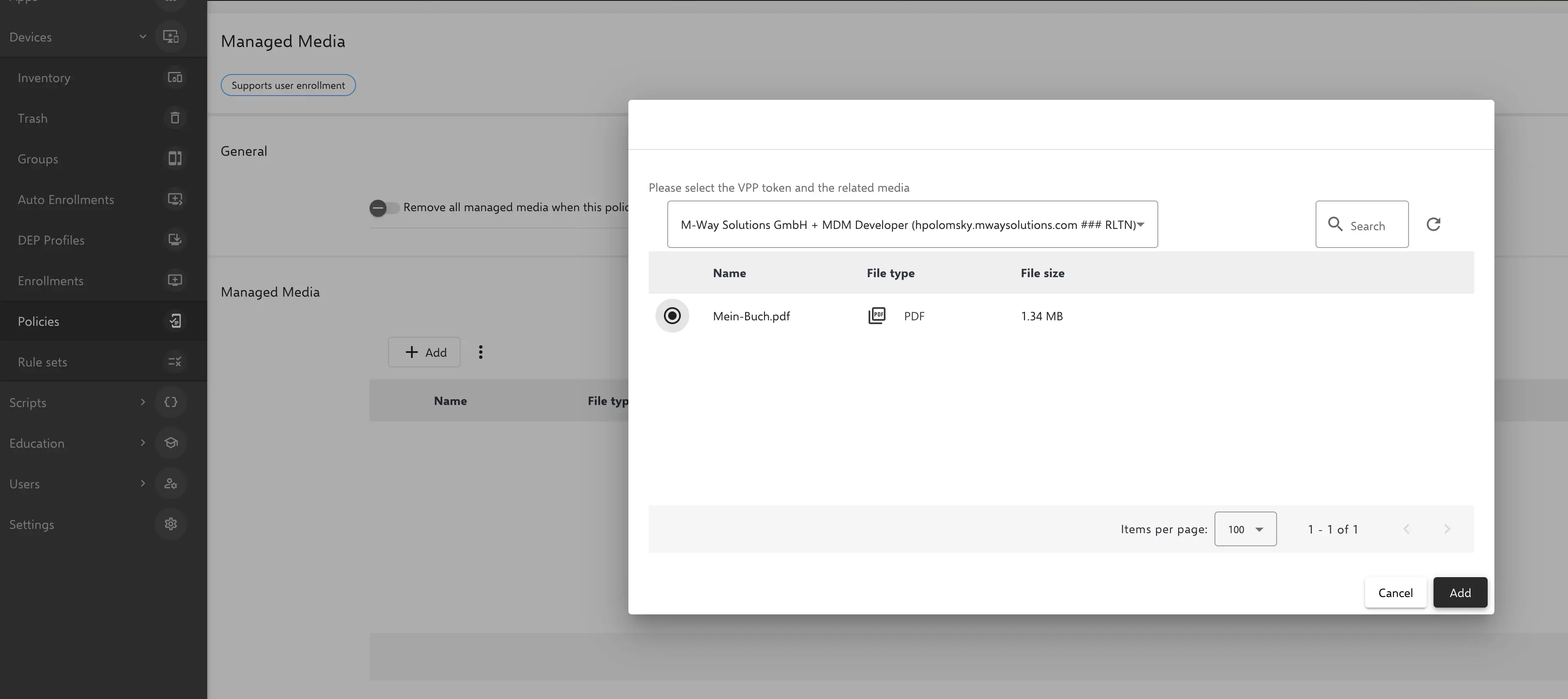 Managed Media policy settings showing automatic removal option after policy is removed