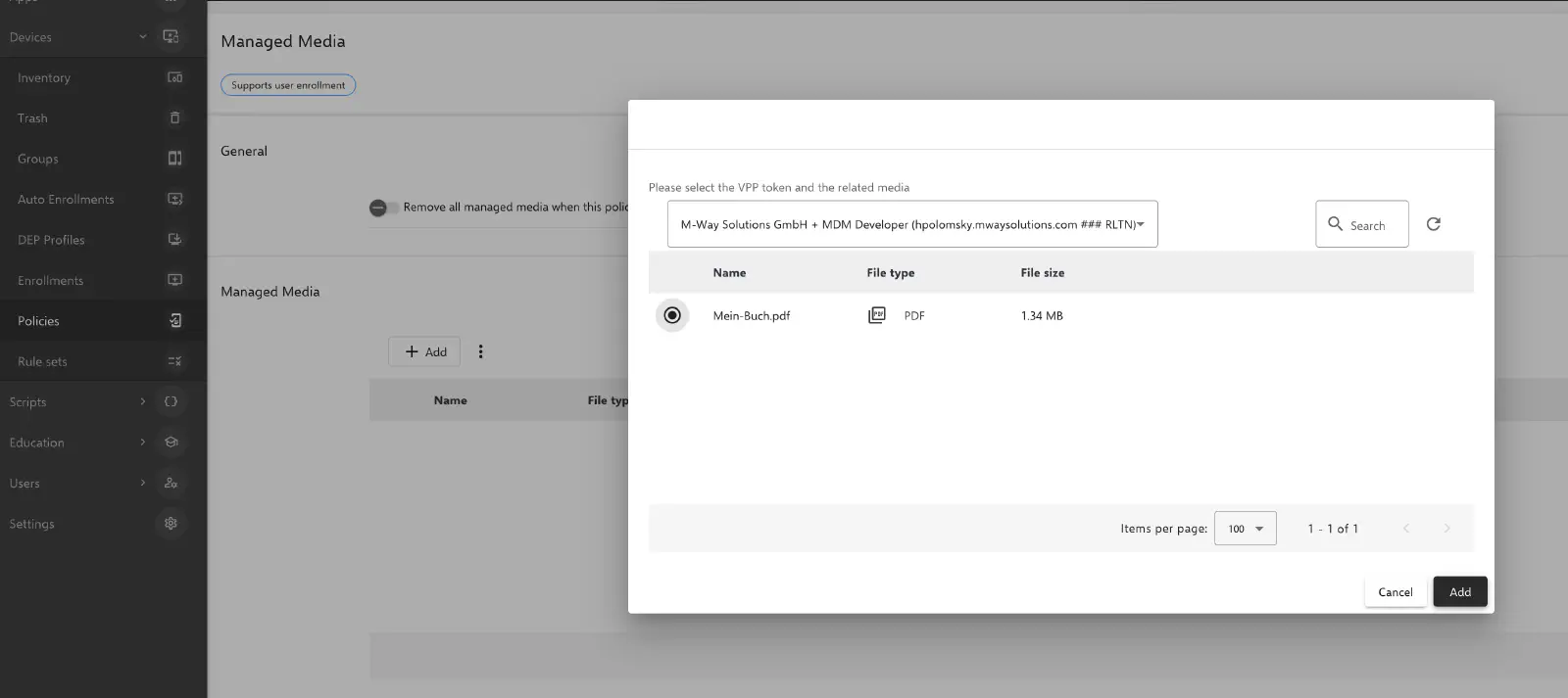 Managed Media policy settings showing automatic removal option after policy is removed