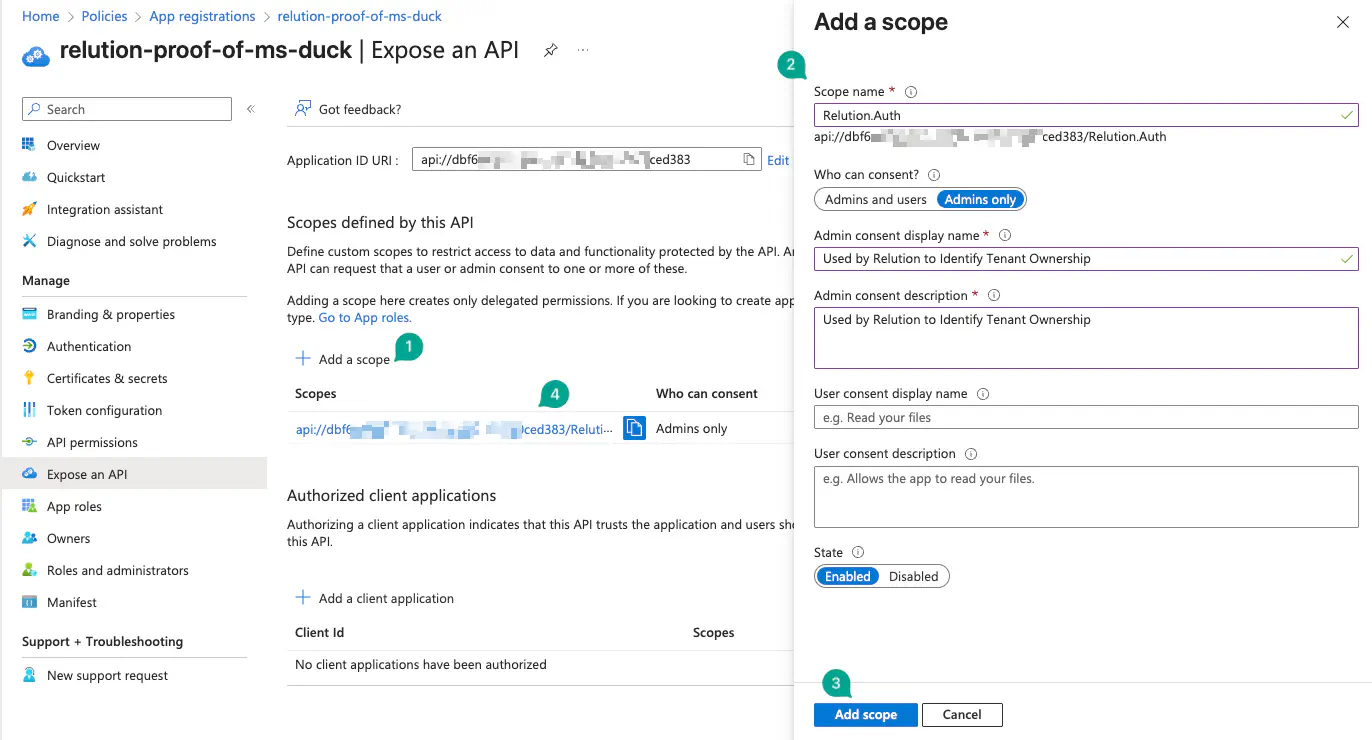 Entra ID App API freigeben und Bereich Relution.Auth hinzufügen