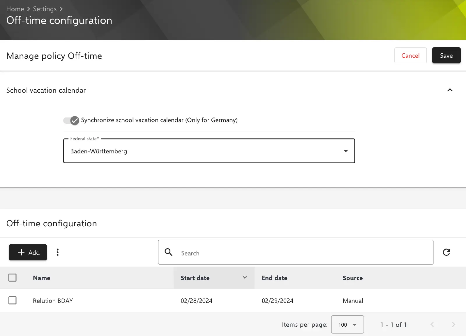 Relution Off-Time configuration showing German federal state school holiday calendar sync options
