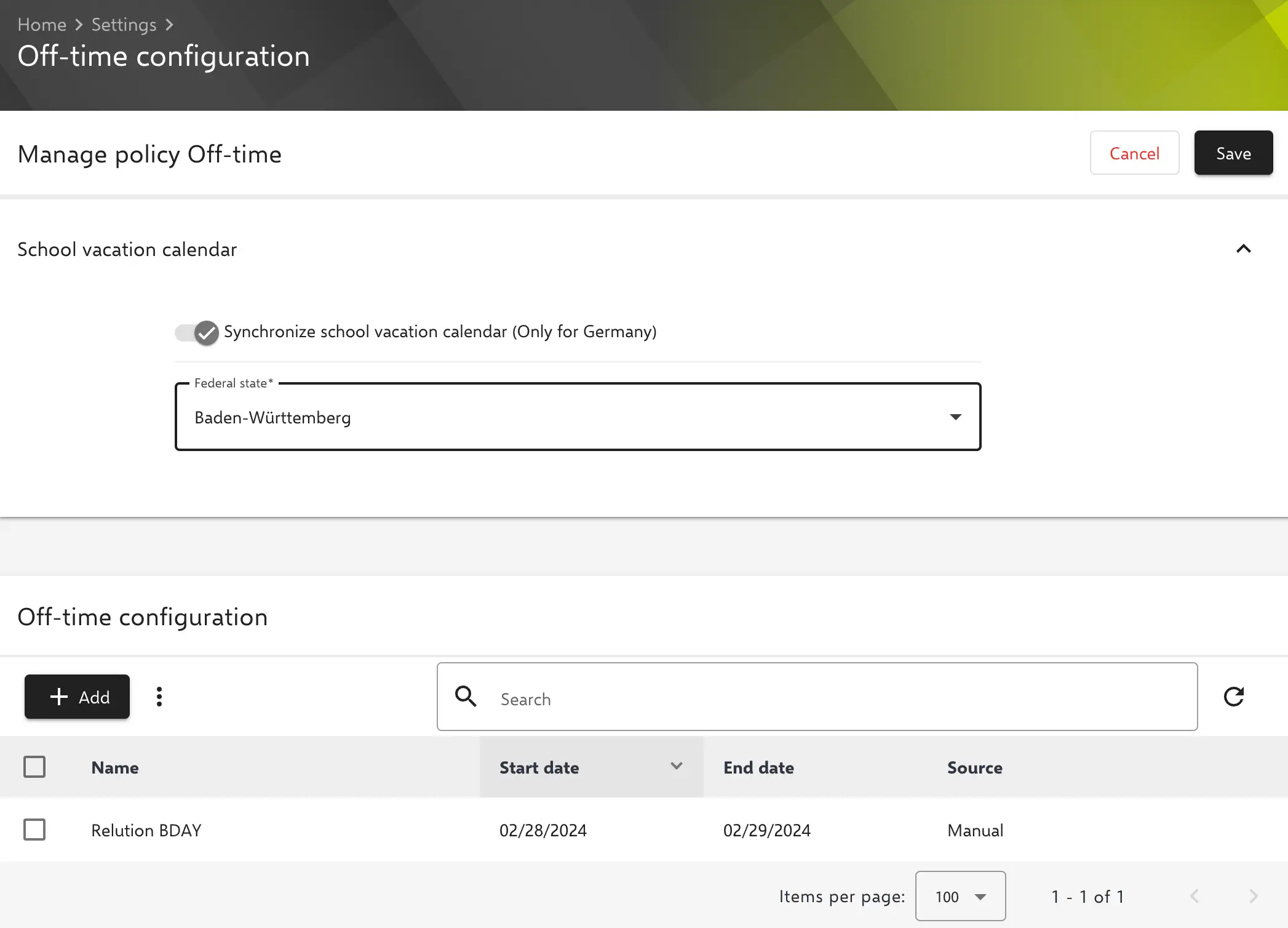Relution Off-Time configuration showing German federal state school holiday calendar sync options