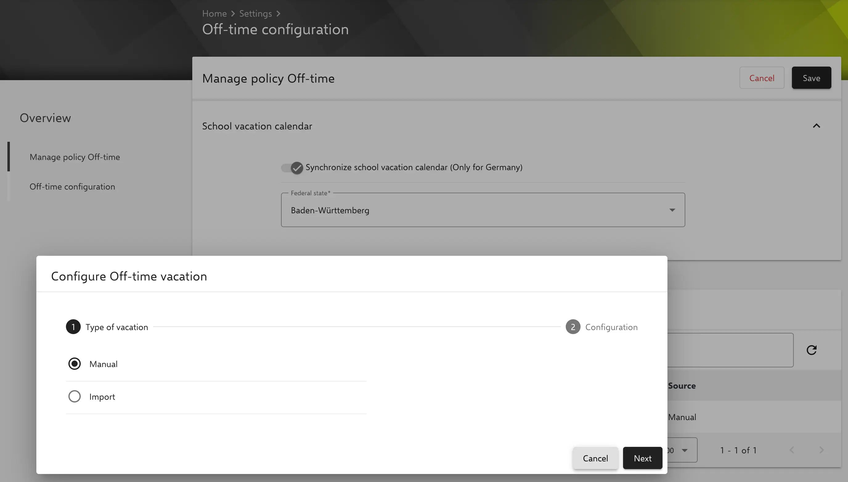 Relution Off-Time configuration showing manual date range entry and calendar file import options