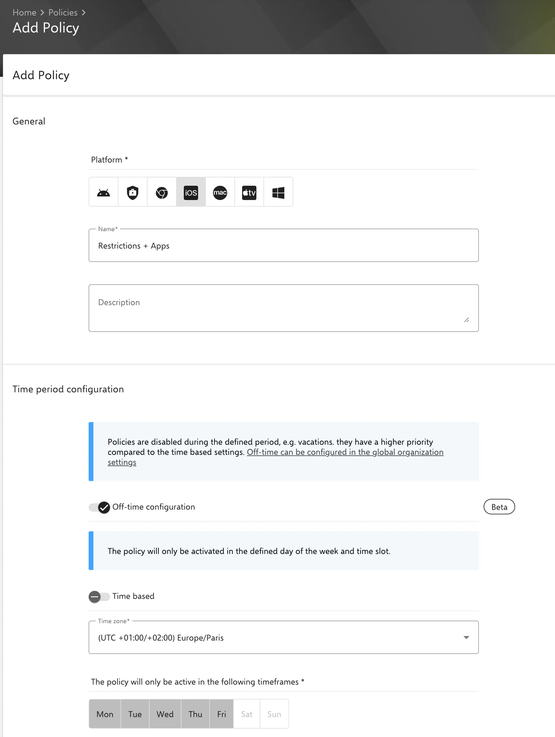 Relution policy editor showing Off-Time configuration toggle to activate school vacation periods