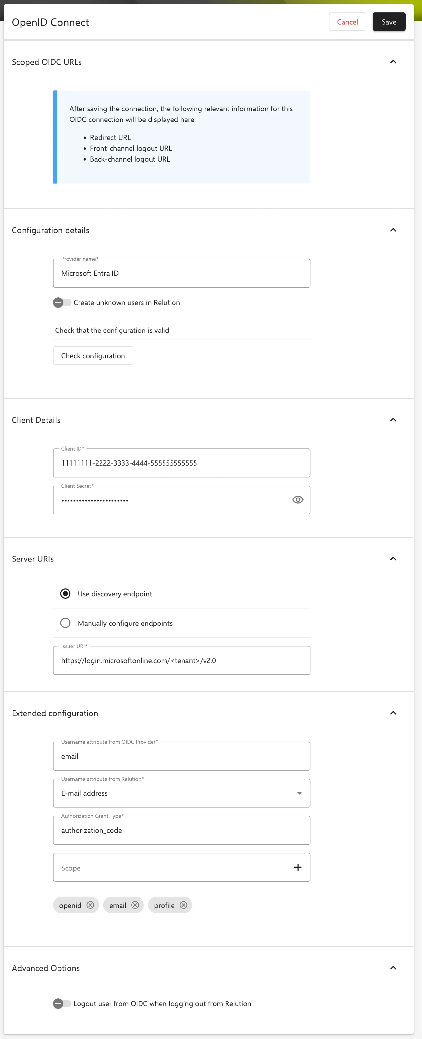 Ouvrir la configuration OpenID Connect dans les paramètres Relution