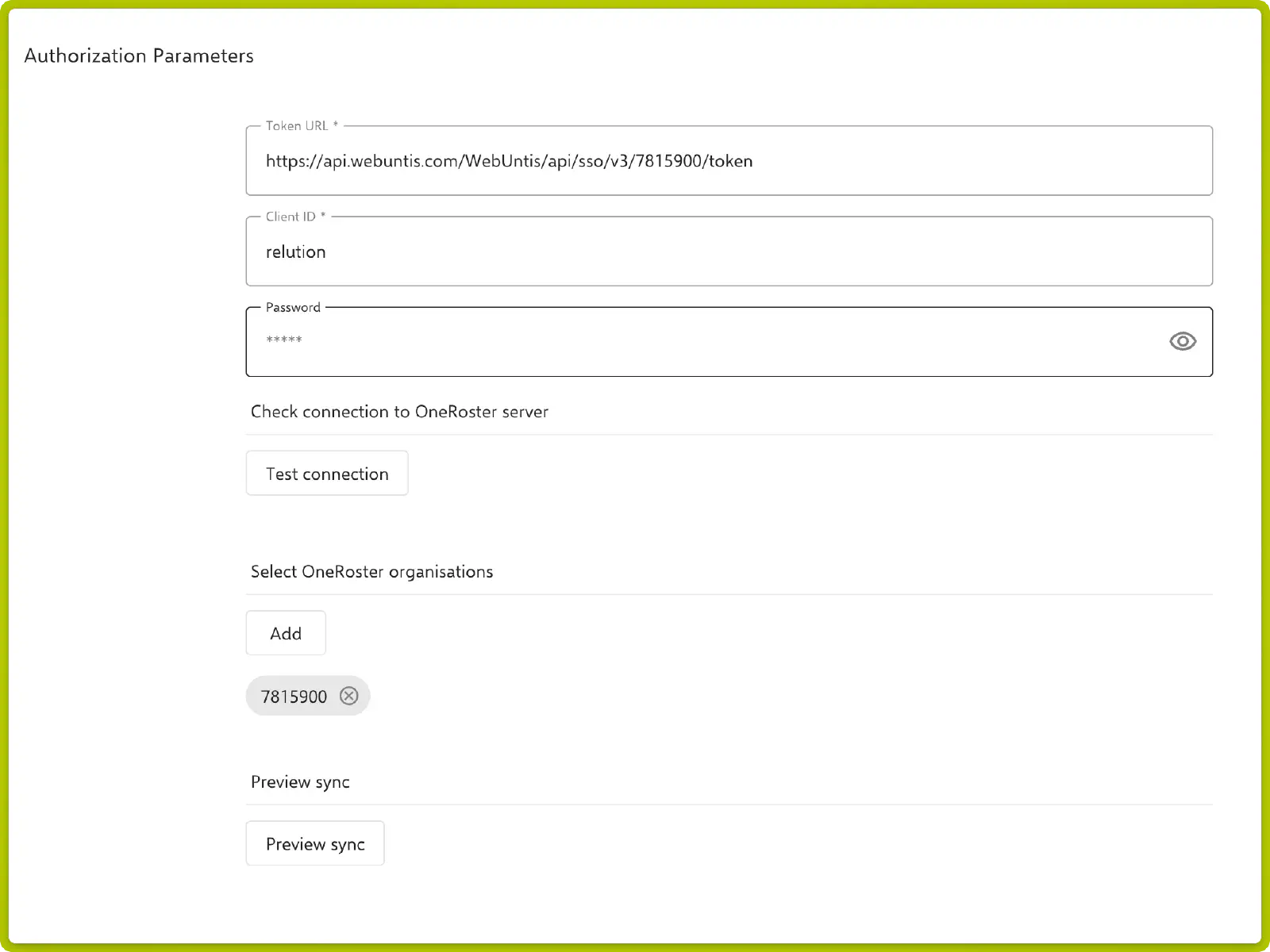 Paramètres d’autorisation avec URL du jeton, ID client et mot de passe, ainsi que la sélection des organisations OneRoster et l’aperçu de la synchronisation