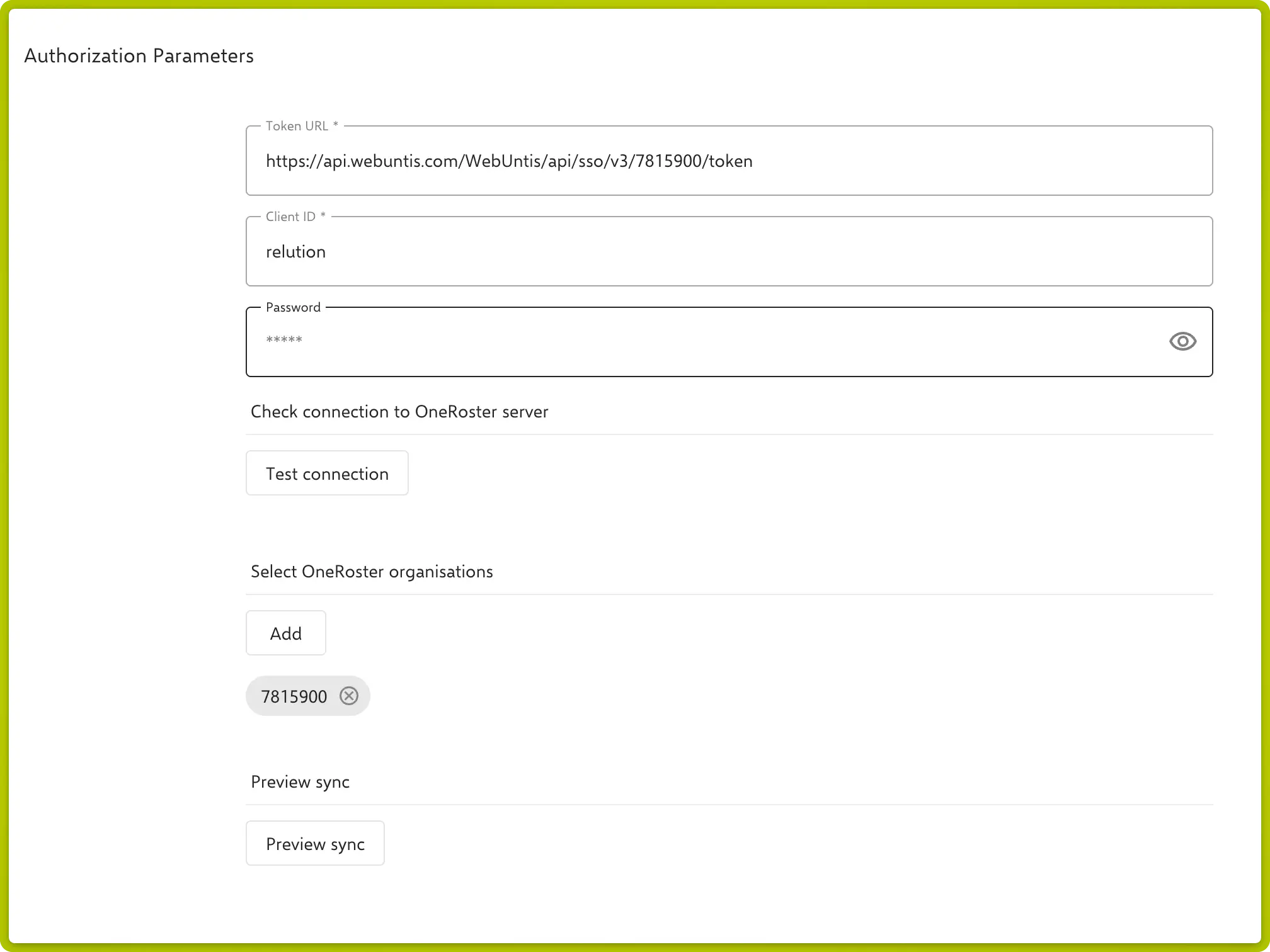 Paramètres d’autorisation avec URL du jeton, ID client et mot de passe, ainsi que la sélection des organisations OneRoster et l’aperçu de la synchronisation