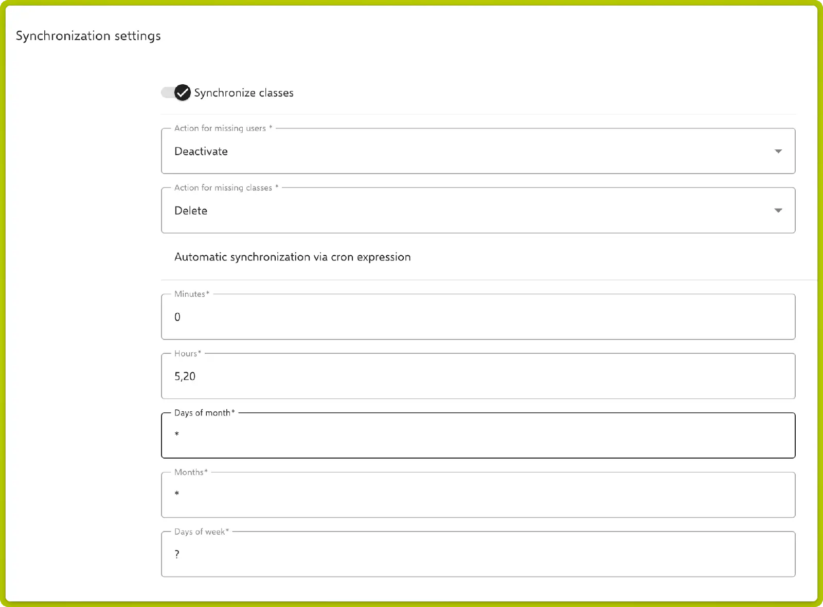 Paramètres de synchronisation avec synchronisation des classes, actions pour les utilisateurs/classes manquants et syntaxe Cron pour la synchronisation automatique