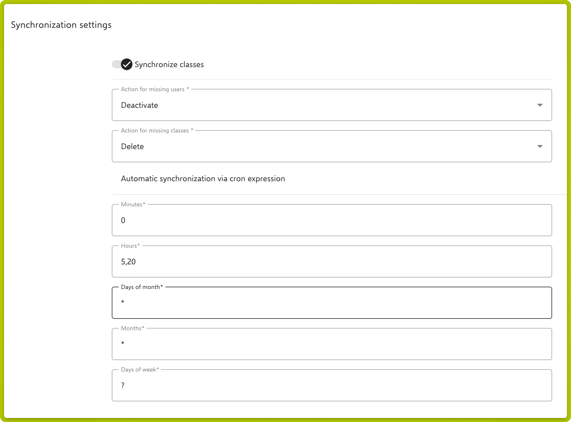 Paramètres de synchronisation avec synchronisation des classes, actions pour les utilisateurs/classes manquants et syntaxe Cron pour la synchronisation automatique
