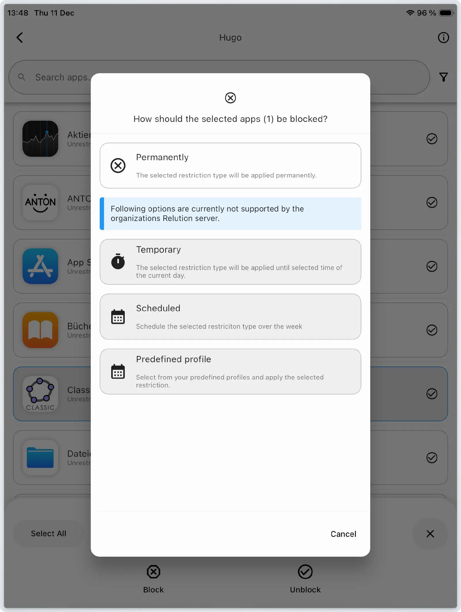 Relution Parent App showing installed apps on child device with block/unblock options