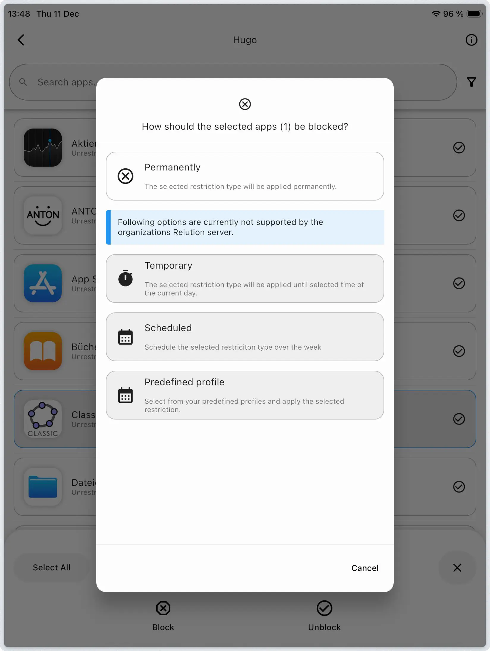 Relution Parent App showing installed apps on child device with block/unblock options
