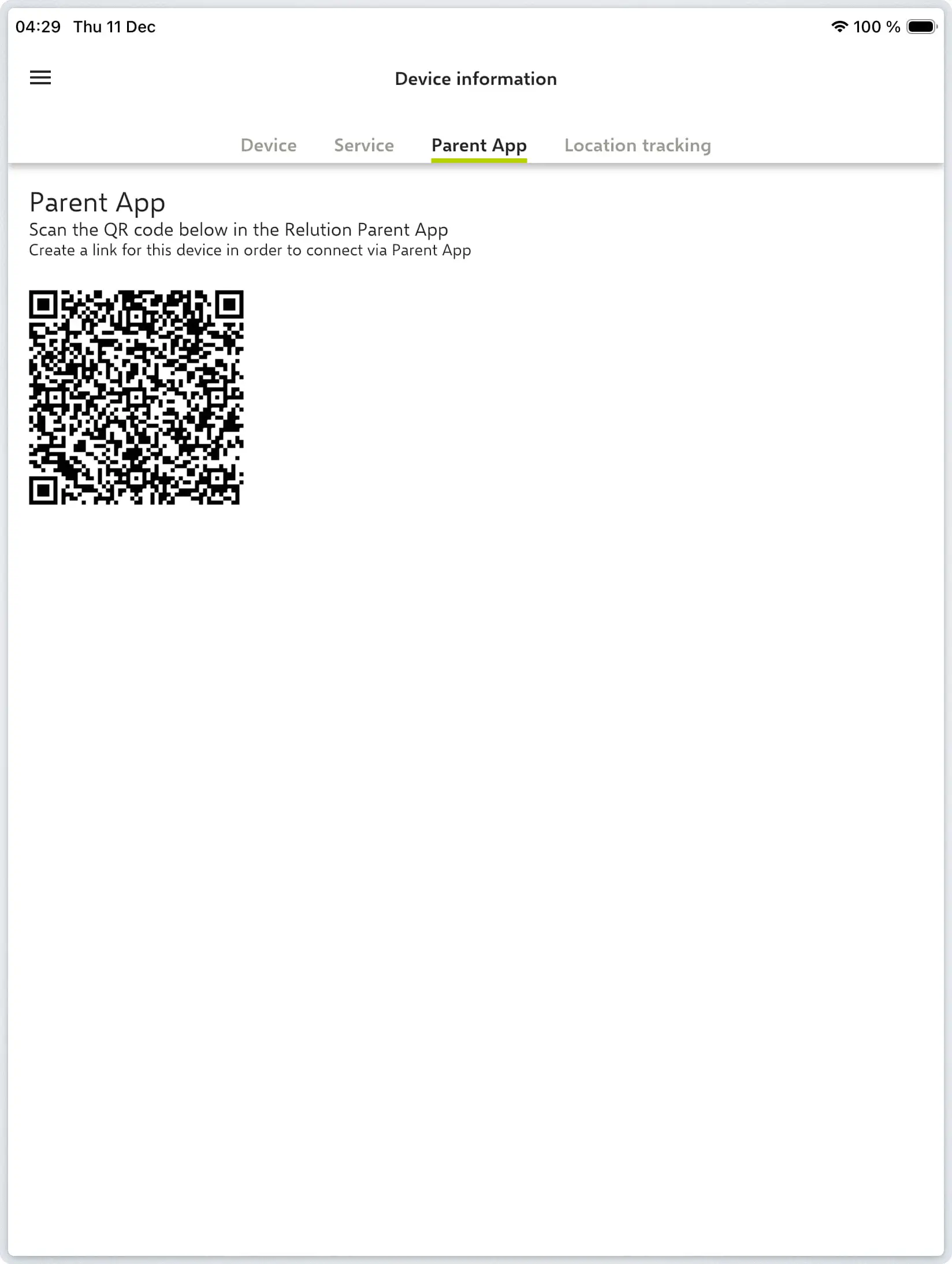Relution Agent app Device Information screen with Parent App section visible