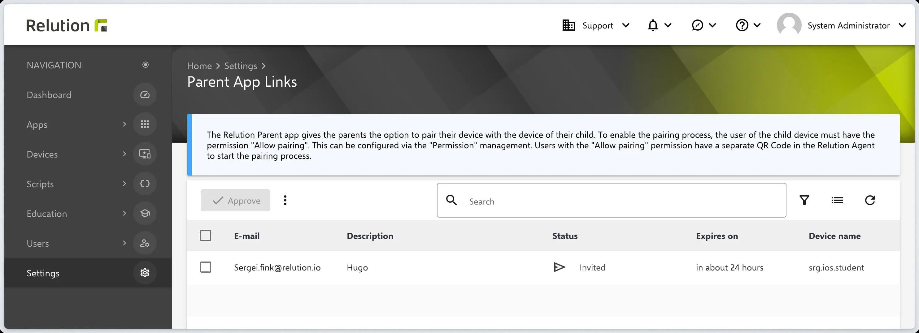 Relution admin portal Parent App Links section showing pending pairing requests