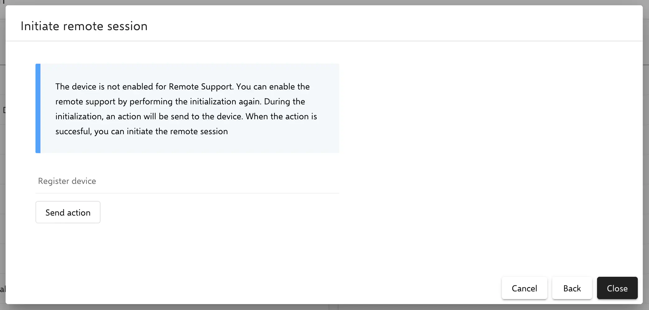 Send action to register device for TeamViewer remote support
