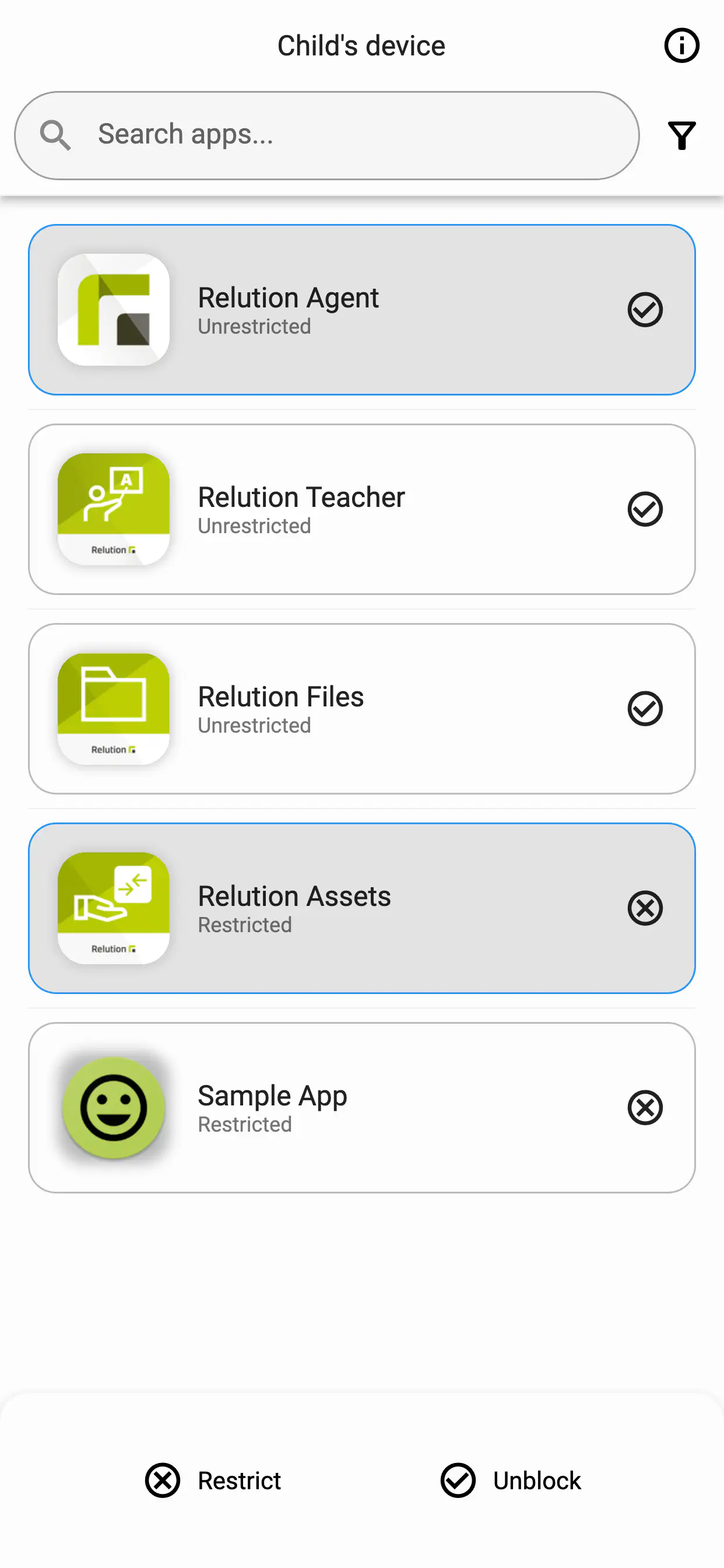 Relution Parent App - Block/unblock apps