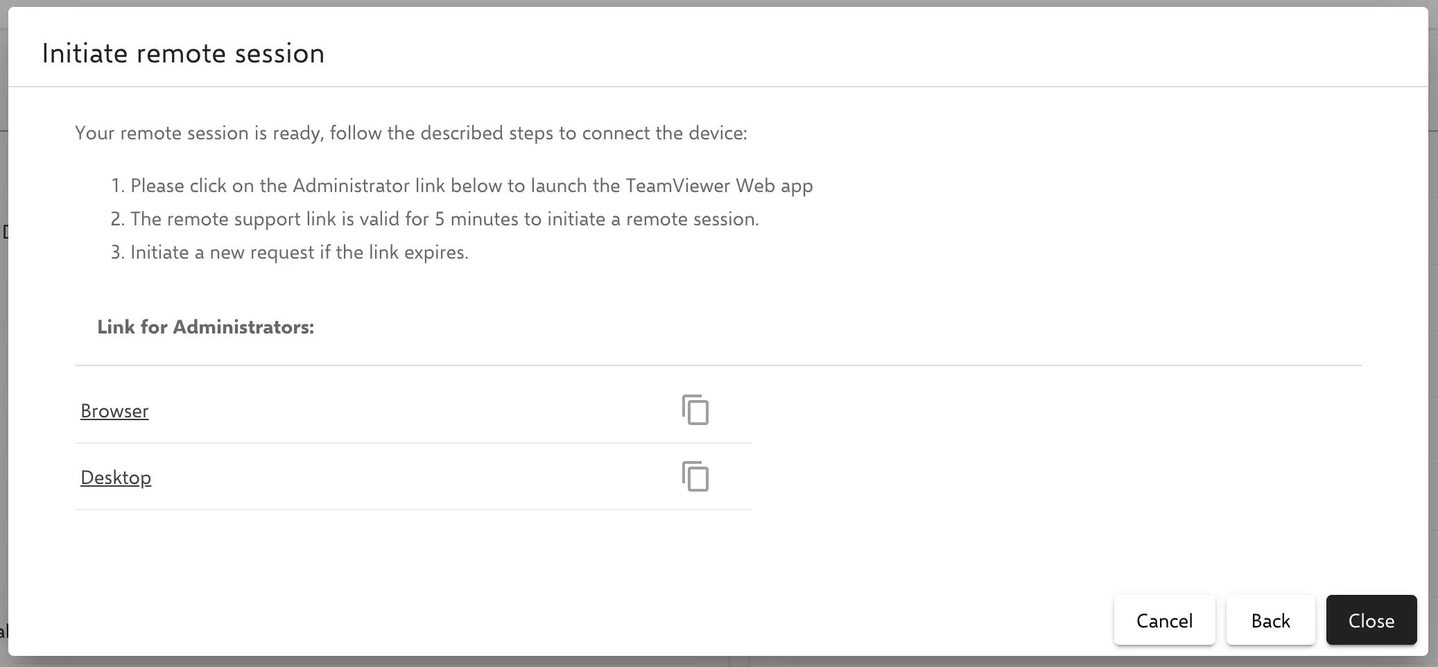Open remote support session link