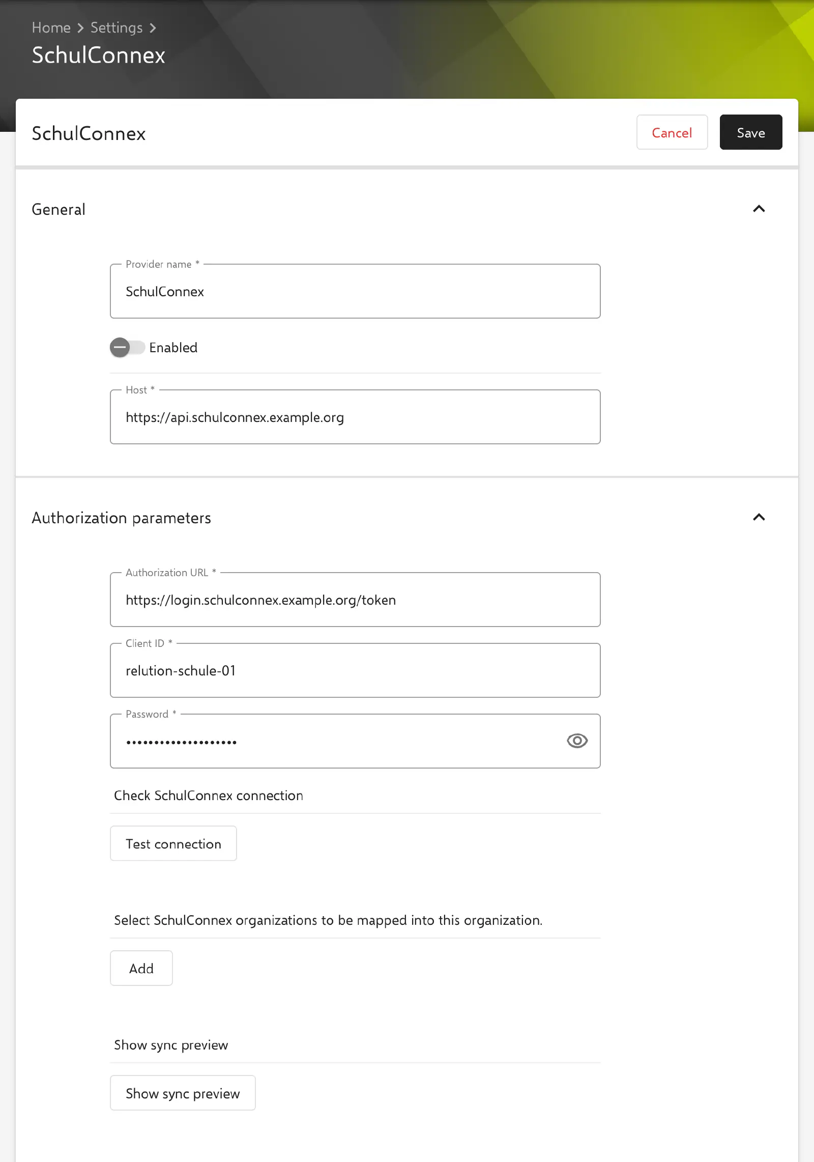 SchulConnex configuration with general settings and authorization parameters