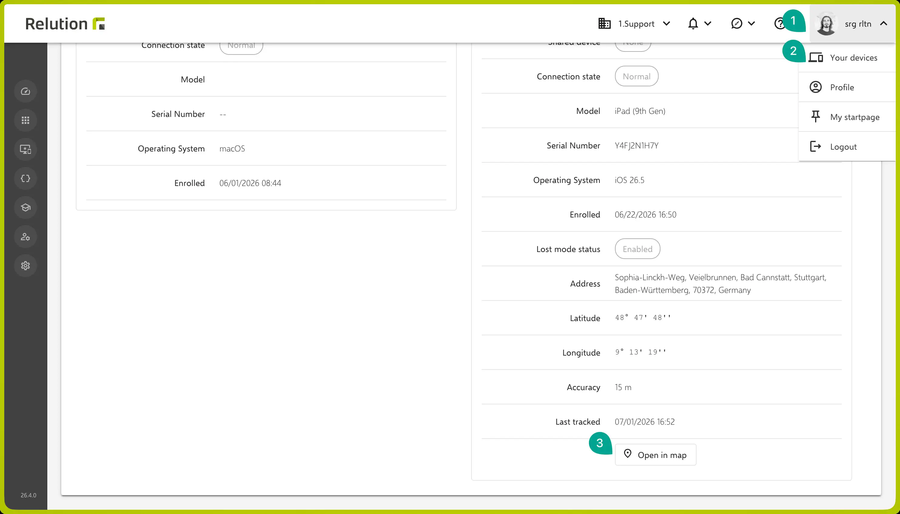 Accéder à ses propres appareils et à la position d’un appareil via le menu de profil