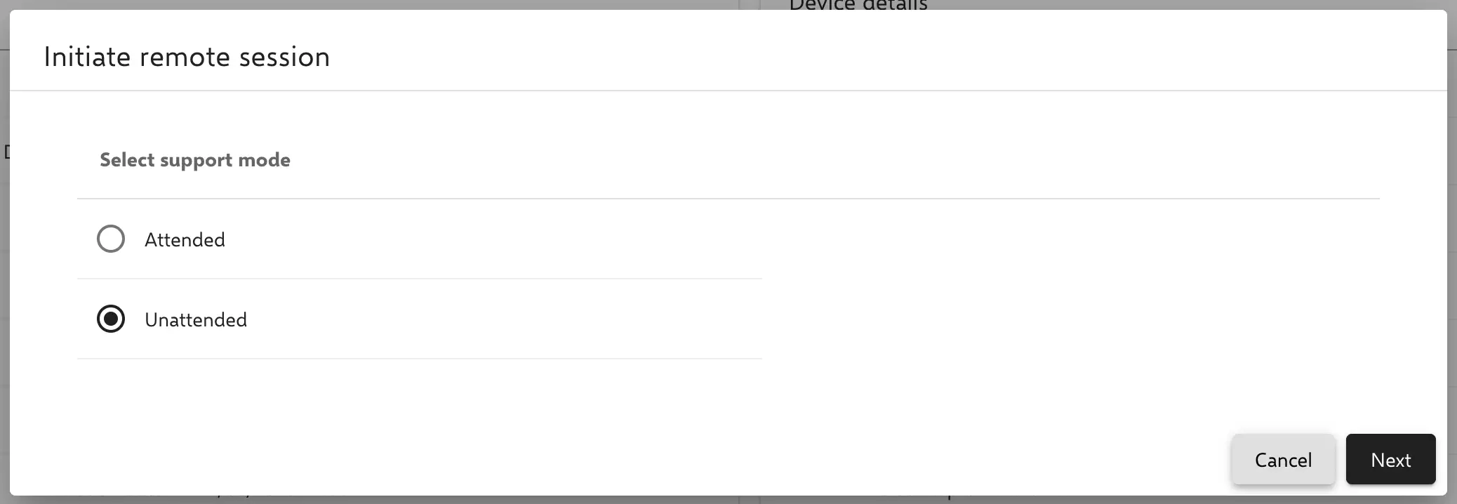 Select remote support session mode