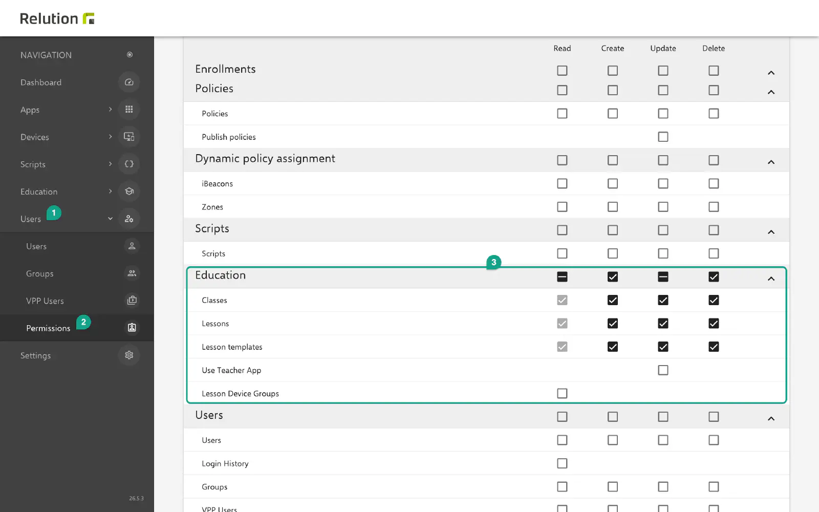 Permissions of the Education group in the Relution portal’s permission management
