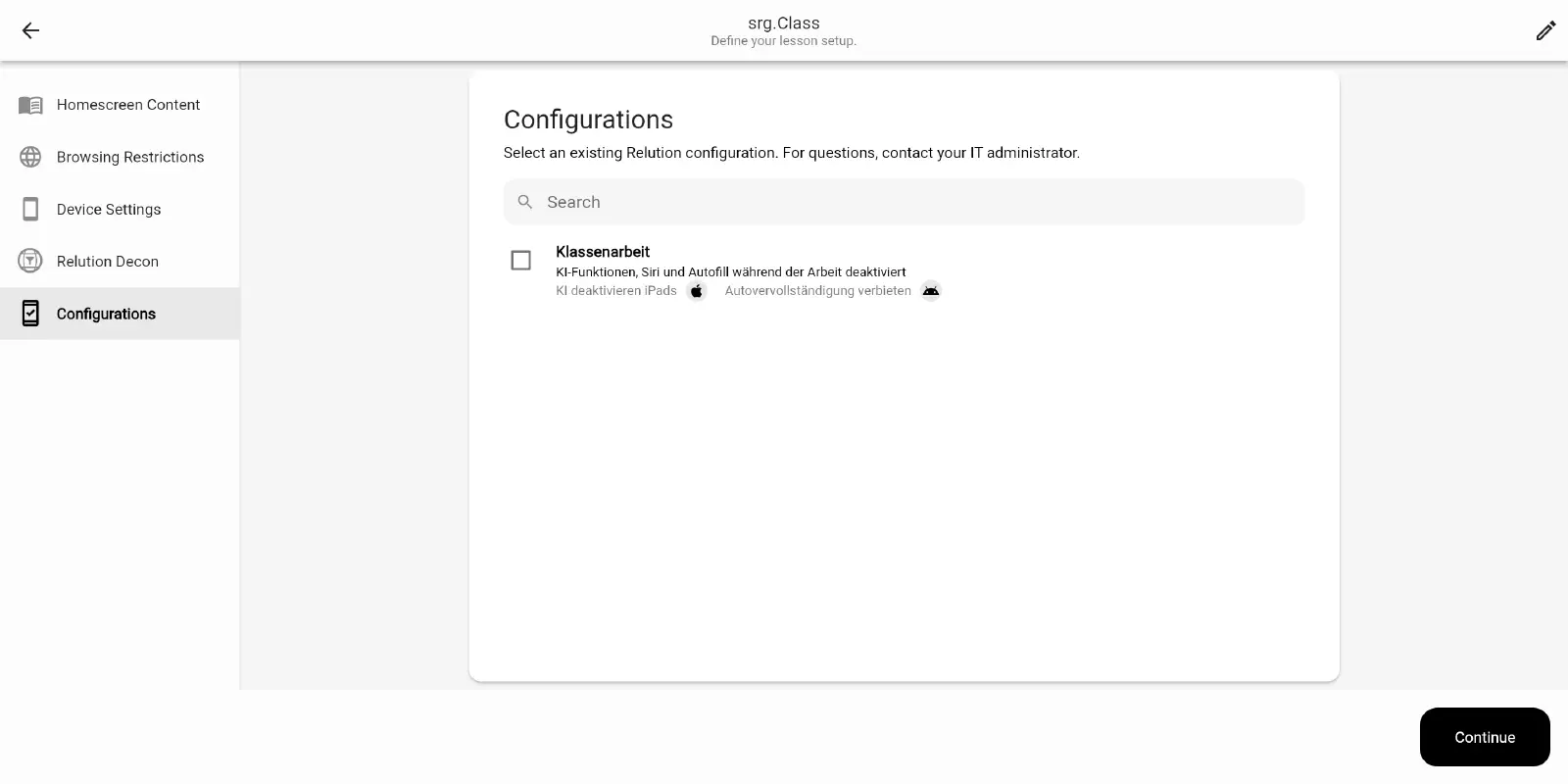 Configurations area in Relution Teacher with an education group, its description and linked policies