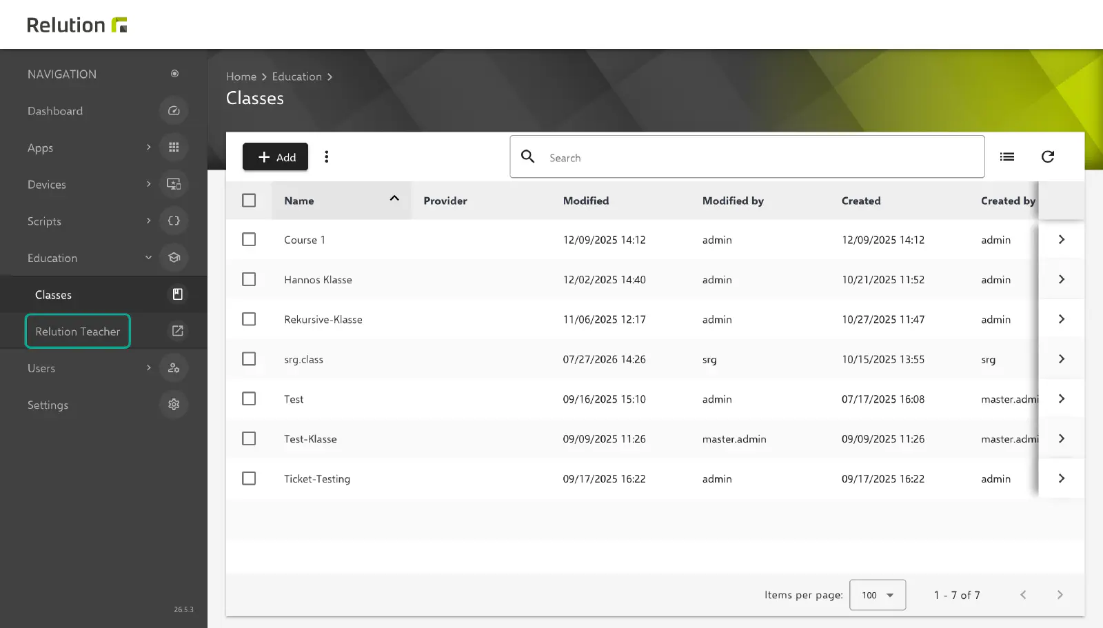 Accessing Relution Teacher web app in navigation under Education