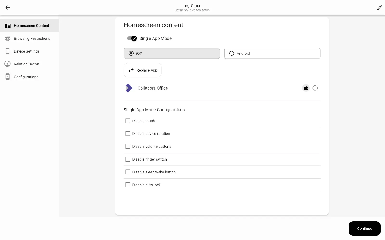 Relution Teacher web app interface in browser for creating lessons
