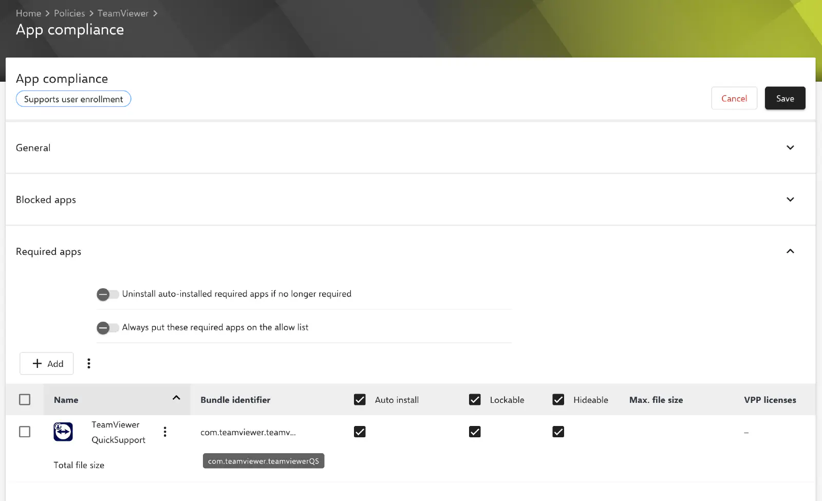 Configuration de conformité de l’application TeamViewer QuickSupport