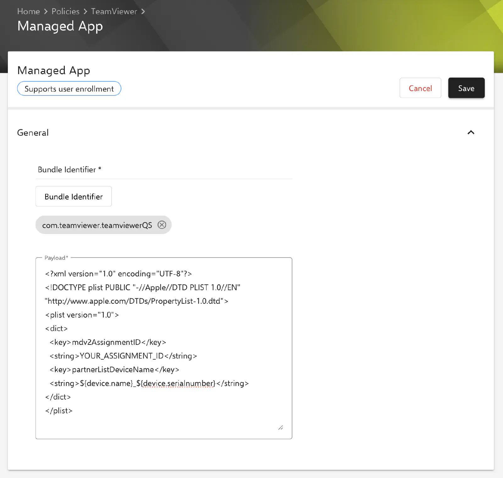 Configuration des applications gérées pour TeamViewer QuickSupport