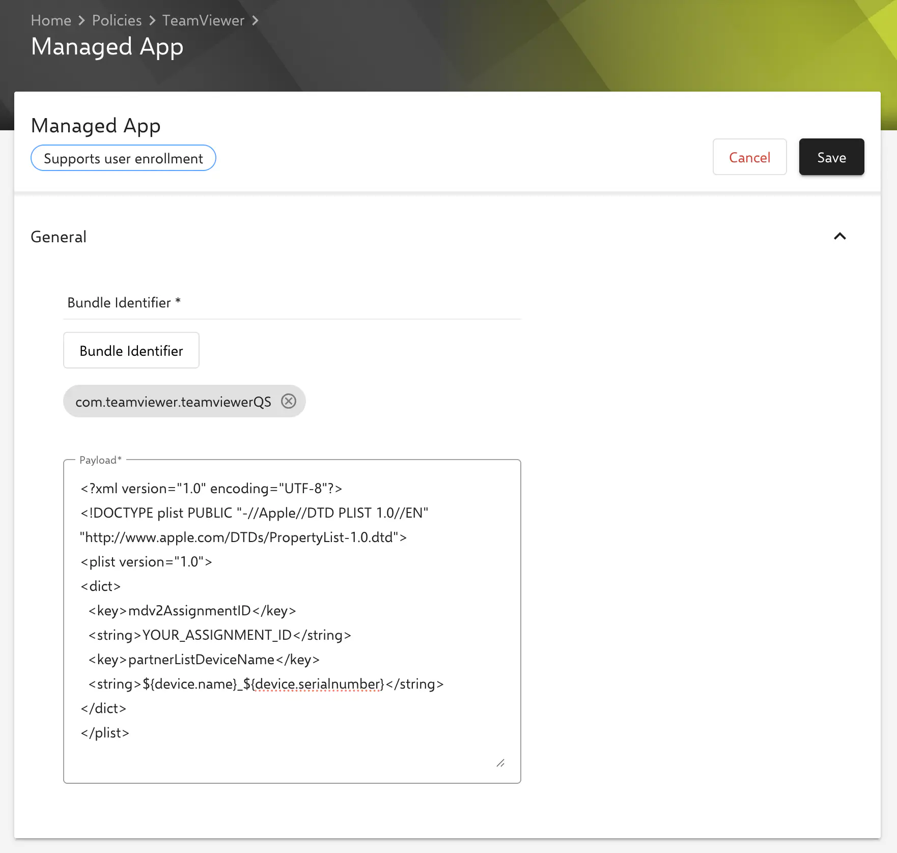 Configuration des applications gérées pour TeamViewer QuickSupport